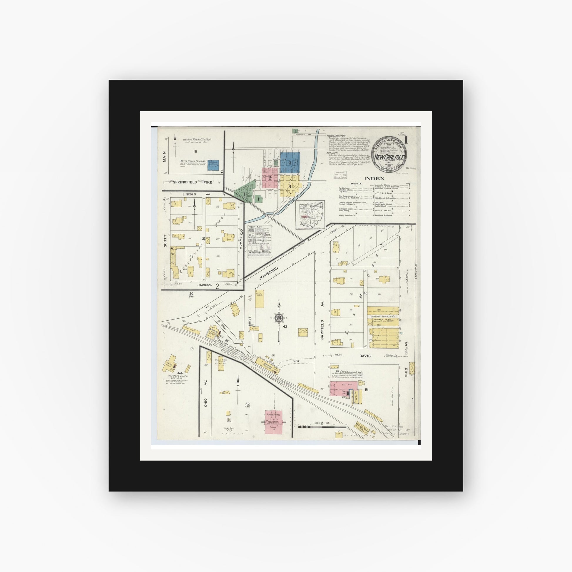 Old map wall art mockup — black gallery frame with white mat — Sanborn Fire Insurance Map from New Carlisle, Clarke County, Ohio (1916), Sheet #0001
