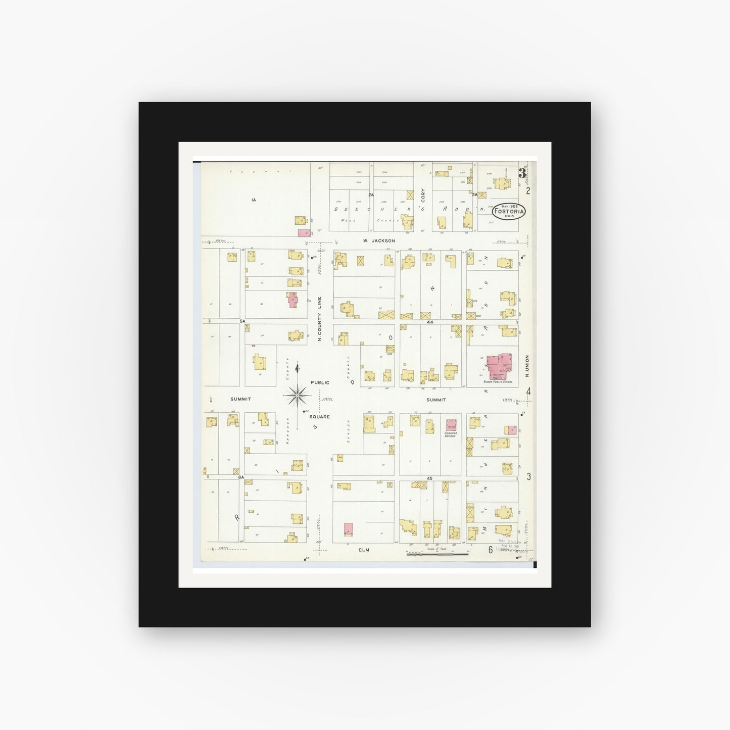 Old map wall art mockup — black gallery frame with white mat — Sanborn Fire Insurance Map from Fostoria, Seneca, Hancock, And Wood Counties, Ohio (1908), Sheet #0003