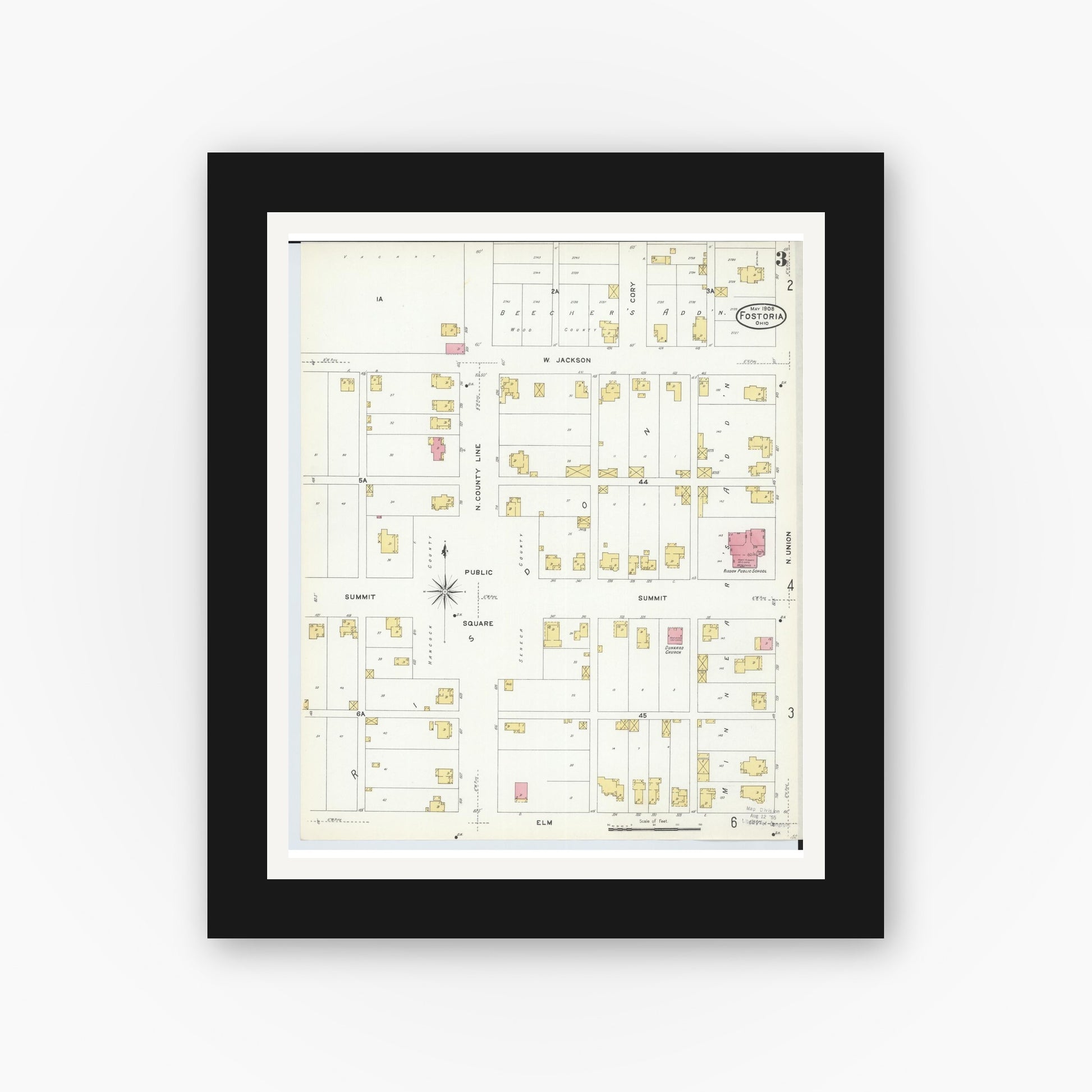 Old map wall art mockup — black gallery frame with white mat — Sanborn Fire Insurance Map from Fostoria, Seneca, Hancock, And Wood Counties, Ohio (1908), Sheet #0003