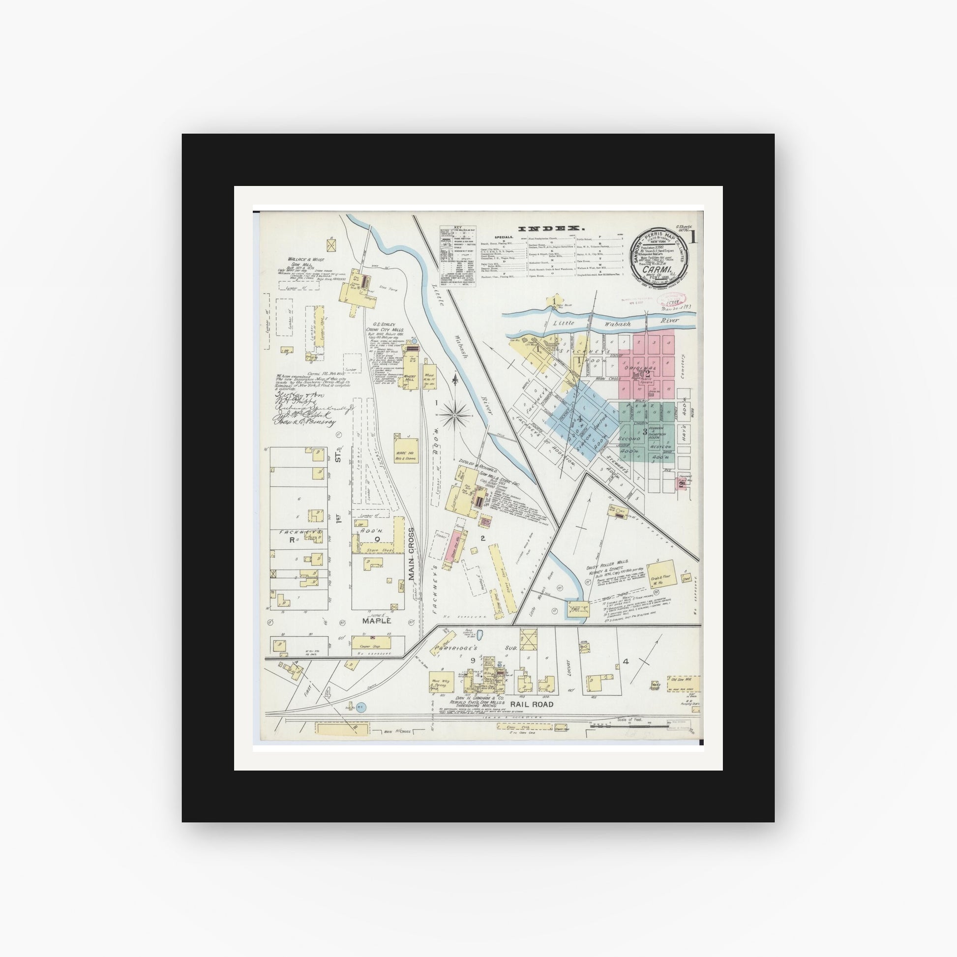 Old map wall art mockup — black gallery frame with white mat — Sanborn Fire Insurance Map from Carmi, White County, Illinois (1893) - Complete Map Set