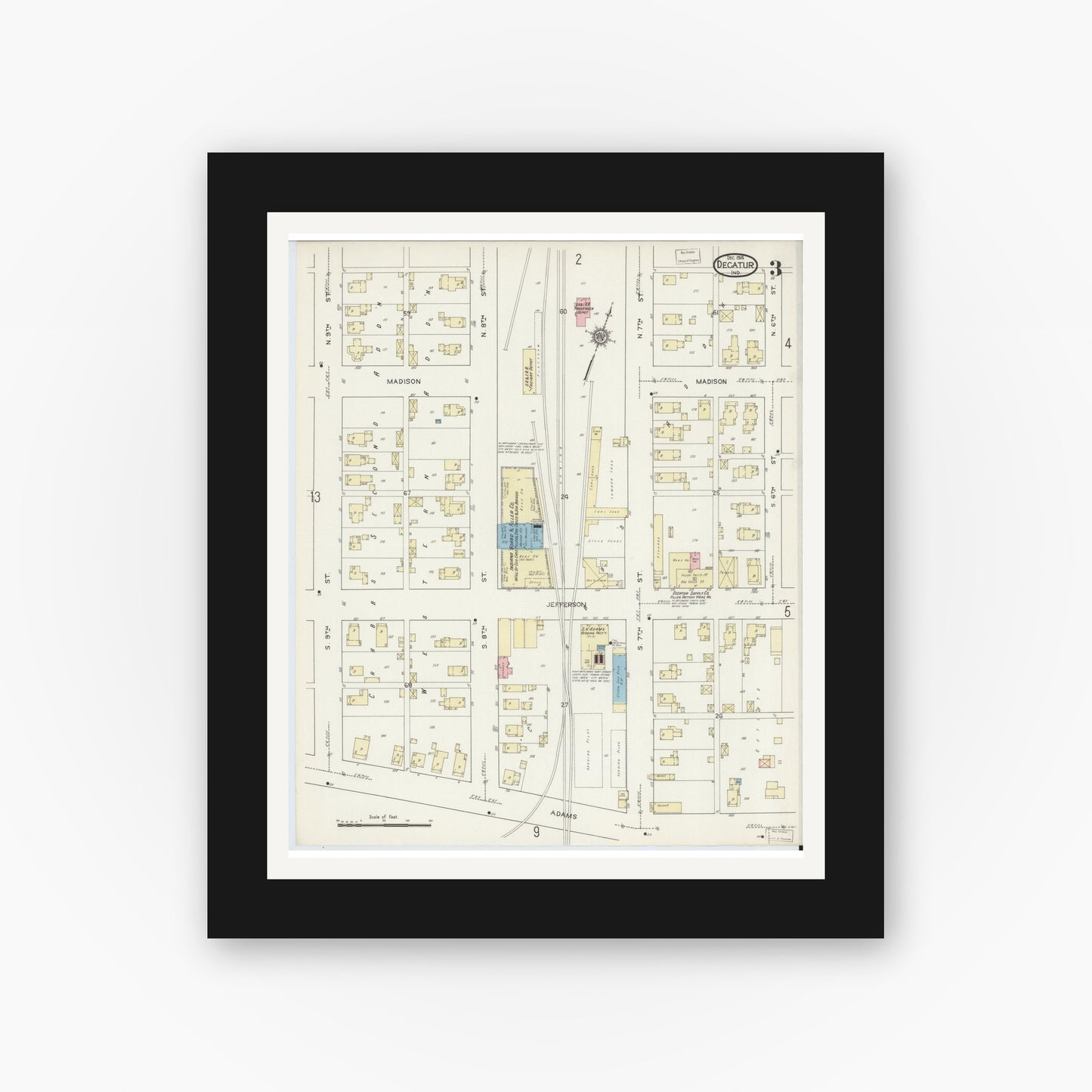 Old map wall art mockup — black gallery frame with white mat — Sanborn Fire Insurance Map from Decatur, Adams County, Indiana (1914), Sheet #0003