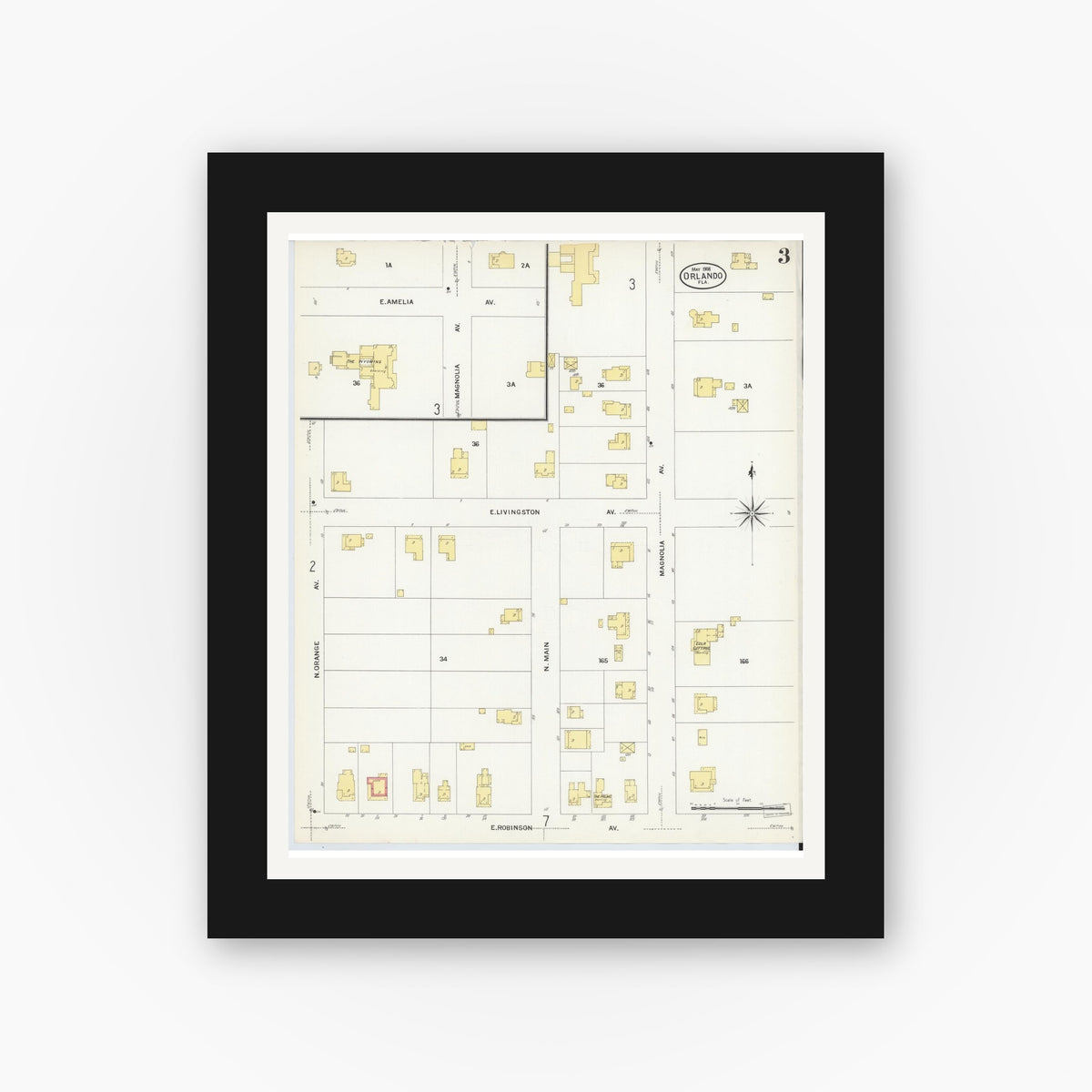Old map wall art mockup — black gallery frame with white mat — Sanborn Fire Insurance Map from Orlando, Orange County, Florida (1908), Sheet #0003