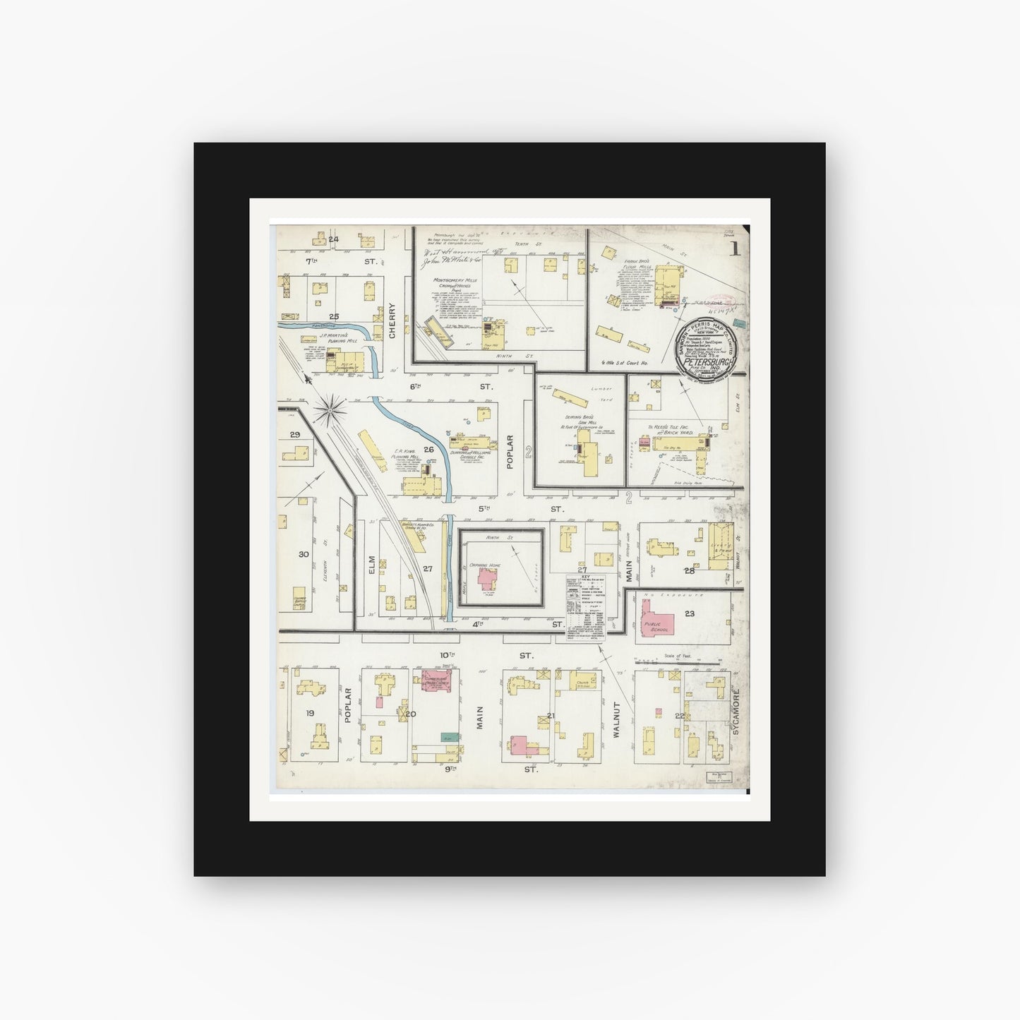 Old map wall art mockup — black gallery frame with white mat — Sanborn Fire Insurance Map from Petersburg, Pike County, Indiana (1892) - Complete Map Set