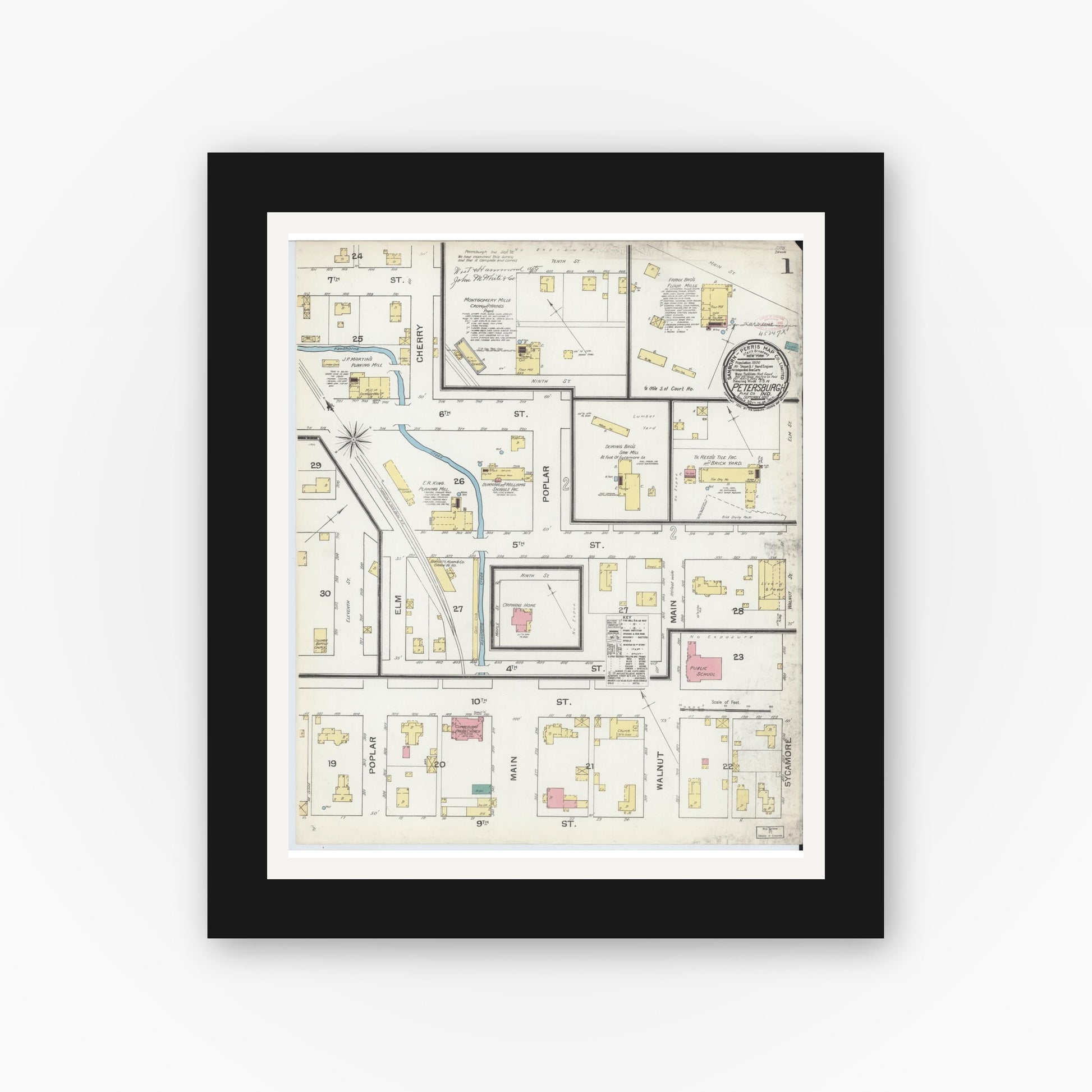 Old map wall art mockup — black gallery frame with white mat — Sanborn Fire Insurance Map from Petersburg, Pike County, Indiana (1892) - Complete Map Set
