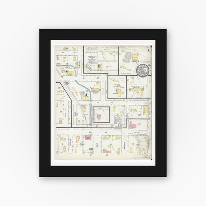 Old map wall art mockup — black gallery frame with white mat — Sanborn Fire Insurance Map from Petersburg, Pike County, Indiana (1892) - Complete Map Set