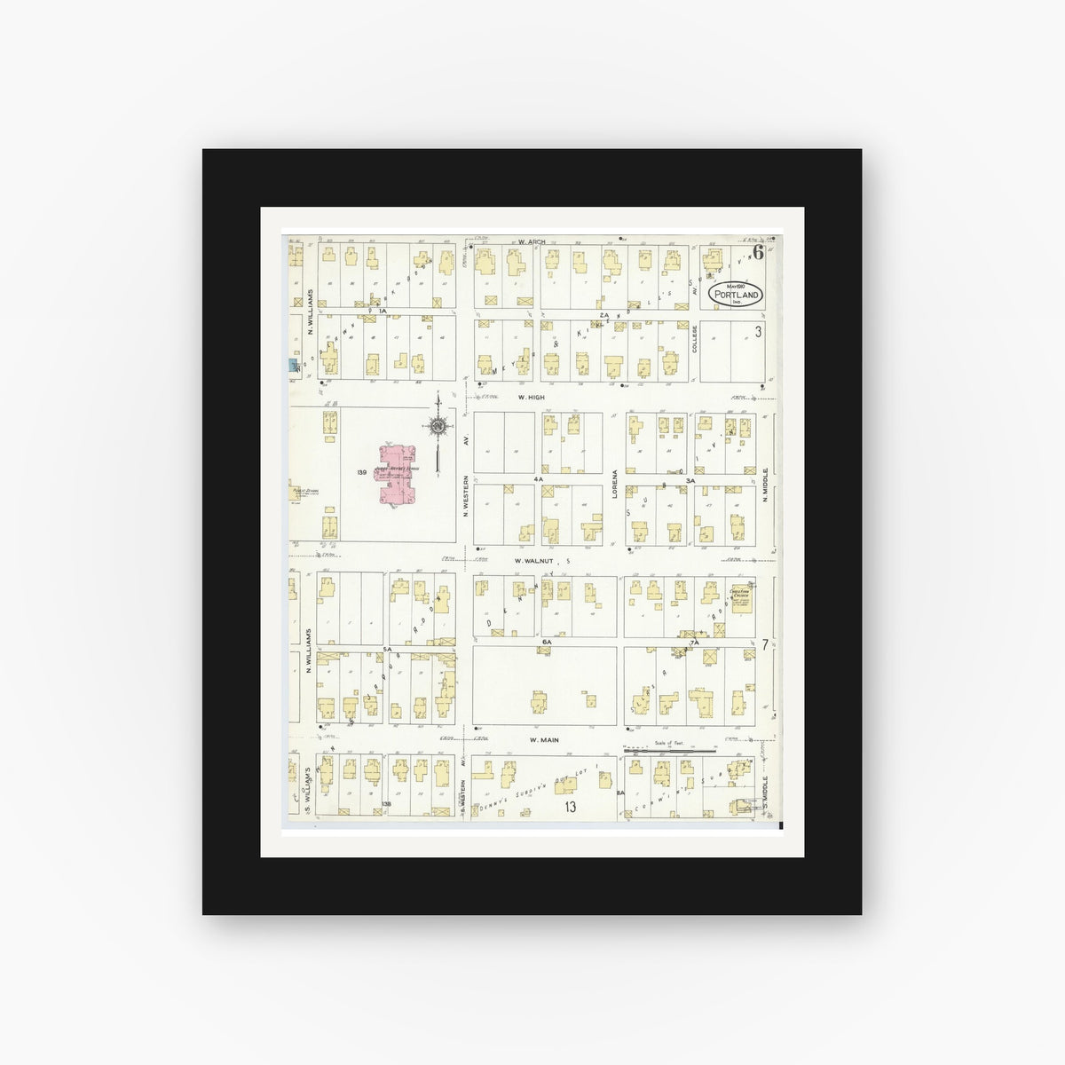 Old map wall art mockup — black gallery frame with white mat — Sanborn Fire Insurance Map from Portland, Jay County, Indiana (1910), Sheet #0006