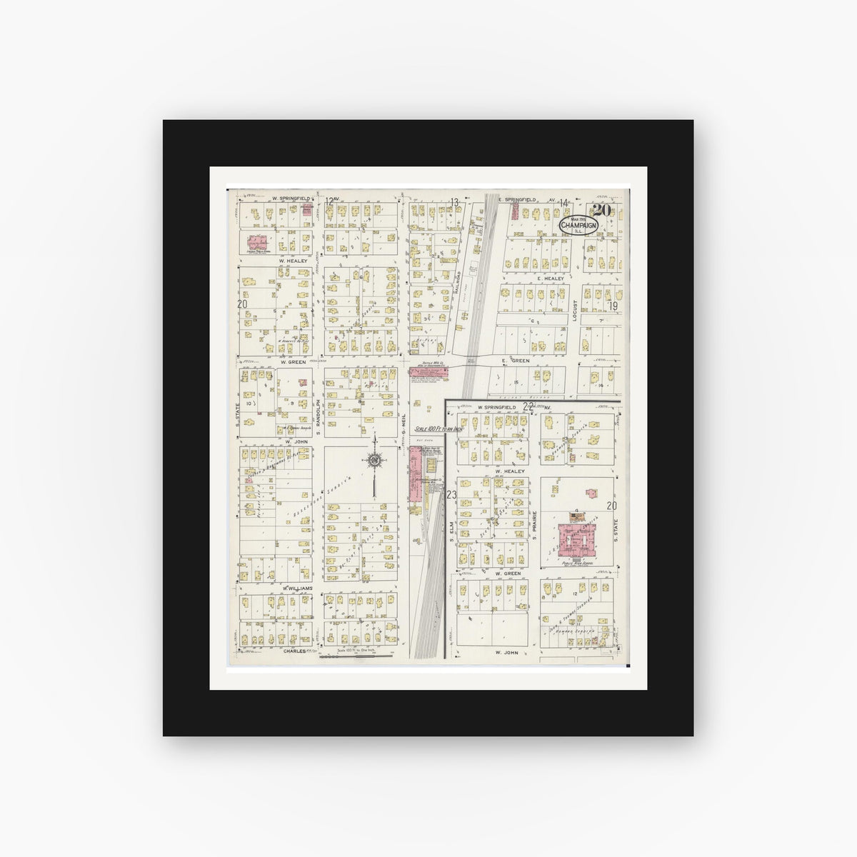 Old map wall art mockup — black gallery frame with white mat — Sanborn Fire Insurance Map from Champaign, Champaign County, Illinois (1915), Sheet #0020