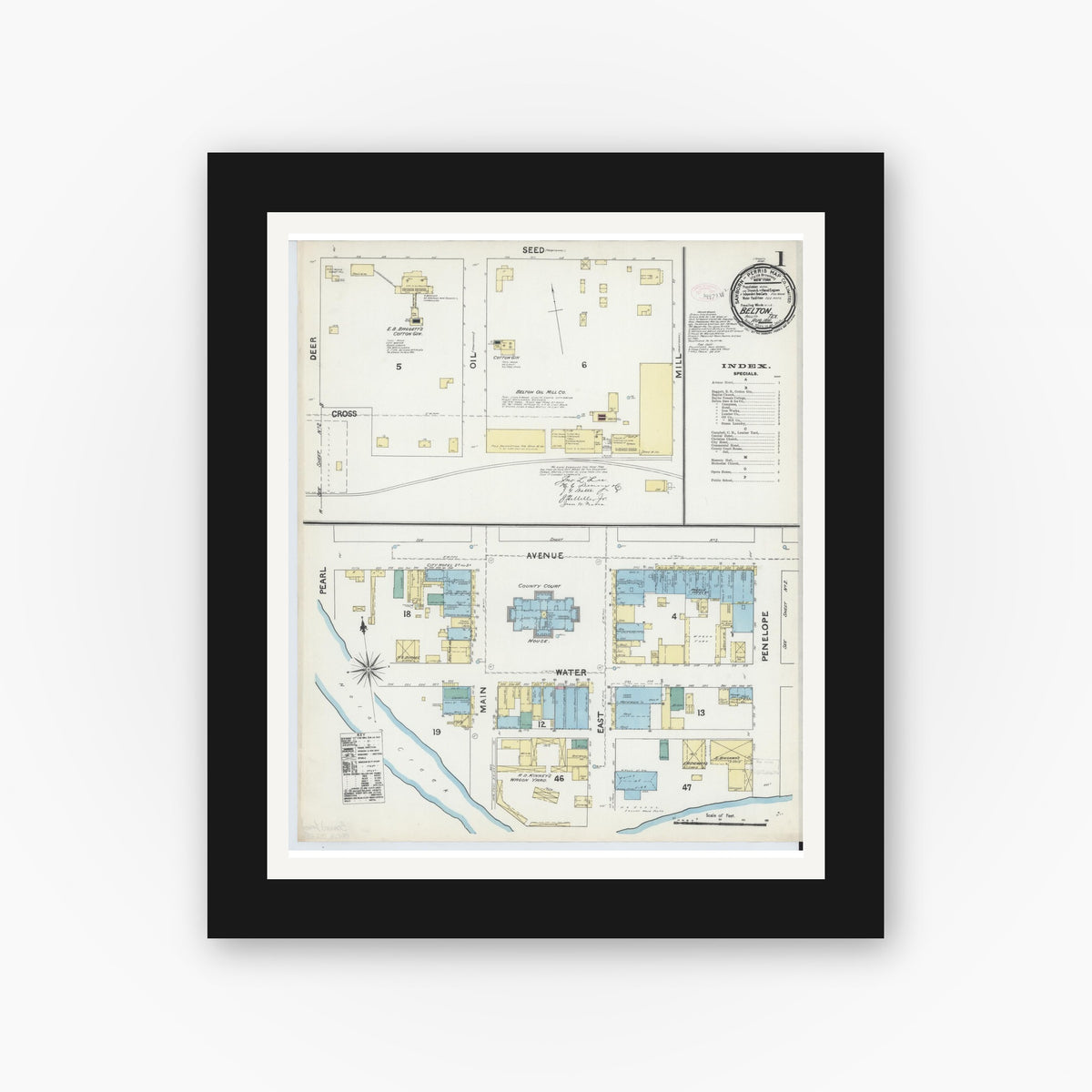 Old map wall art mockup — black gallery frame with white mat — Sanborn Fire Insurance Map from Belton, Bell County, Texas (1891) - Complete Map Set