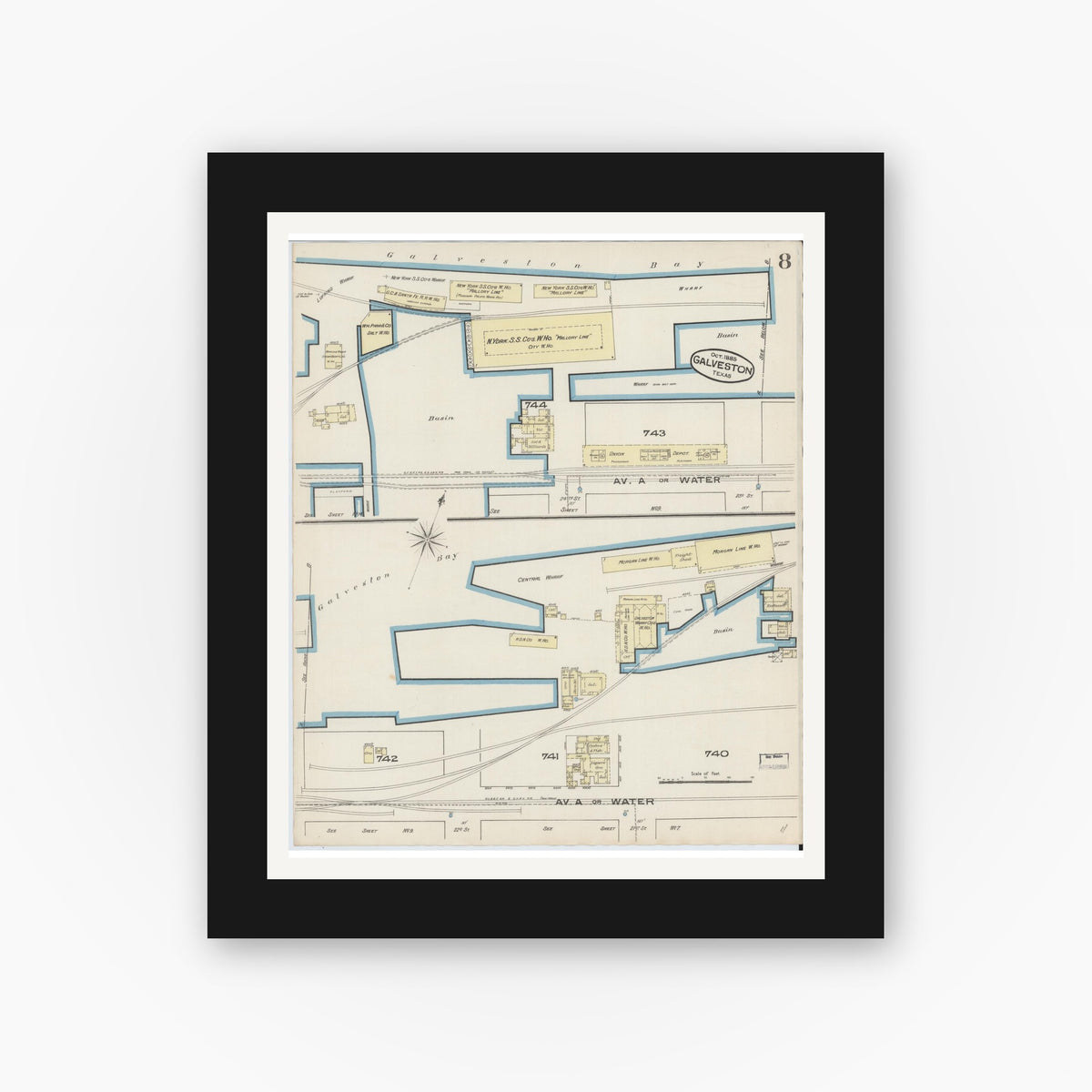 Old map wall art mockup — black gallery frame with white mat — Sanborn Fire Insurance Map from Galveston, Galveston County, Texas (1885), Sheet #0008