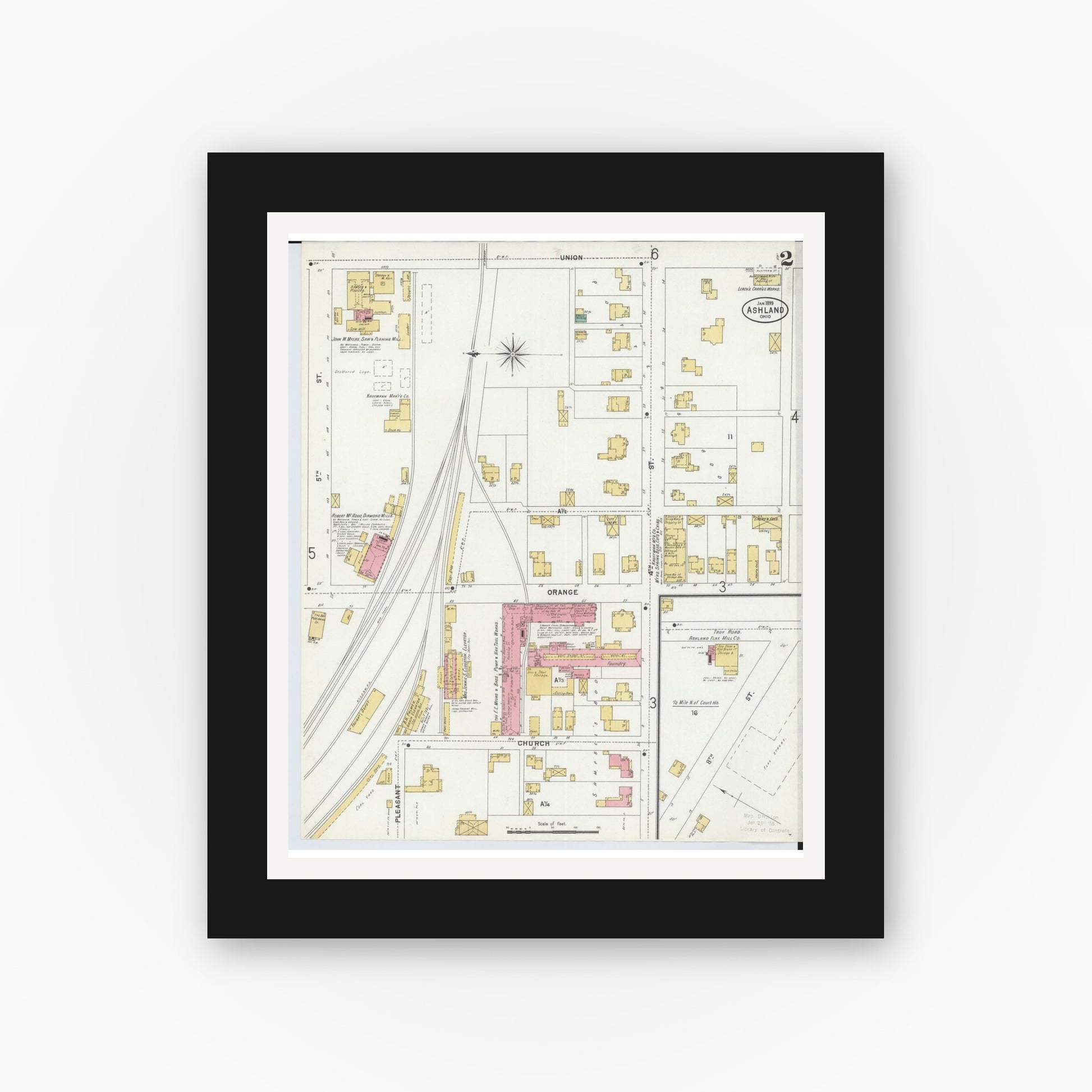 Old map wall art mockup — black gallery frame with white mat — Sanborn Fire Insurance Map from Ashland, Ashland County, Ohio (1899), Sheet #0002