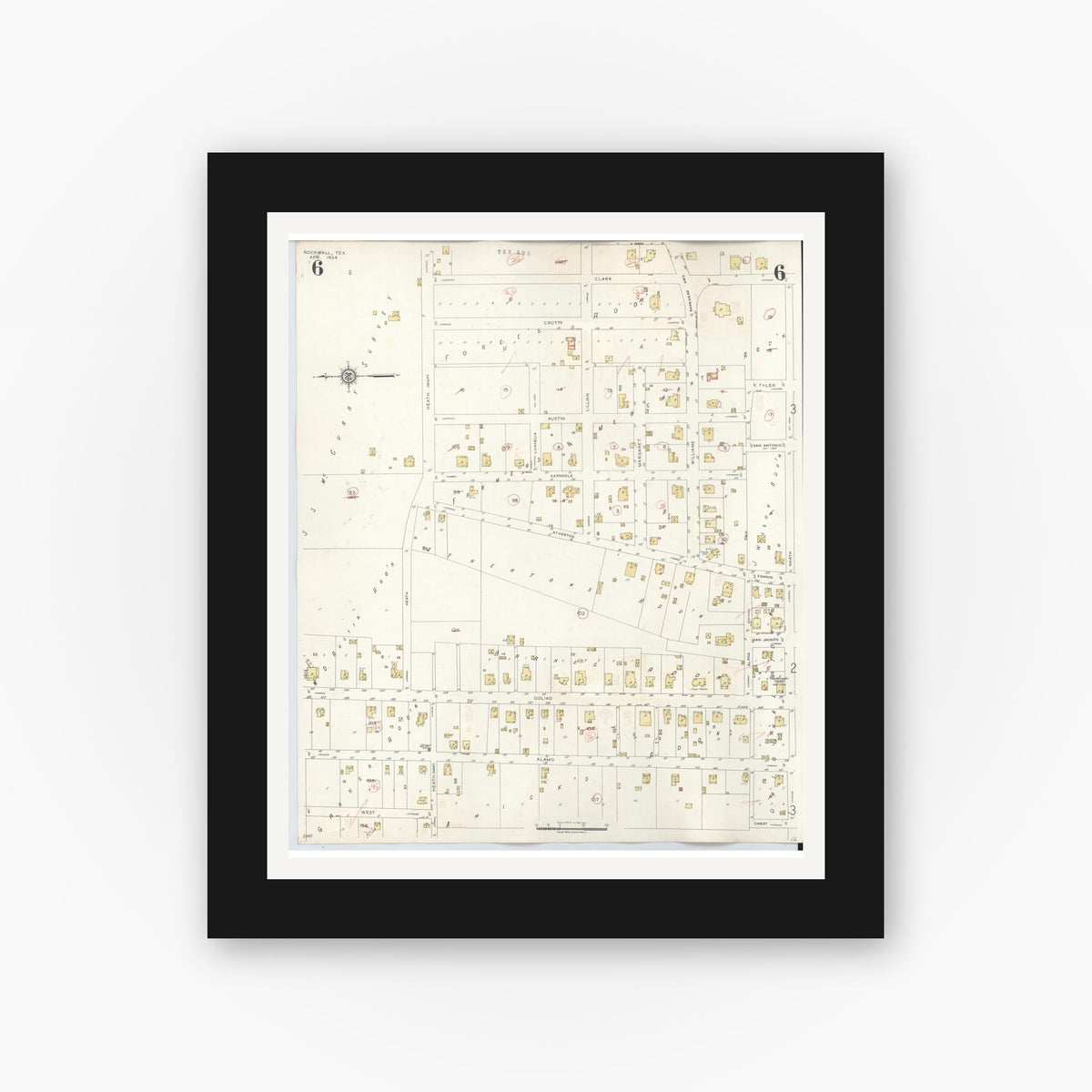 Old map wall art mockup — black gallery frame with white mat — Sanborn Fire Insurance Map from Rockwall, Rockwall County, Texas (1945), Sheet #0006