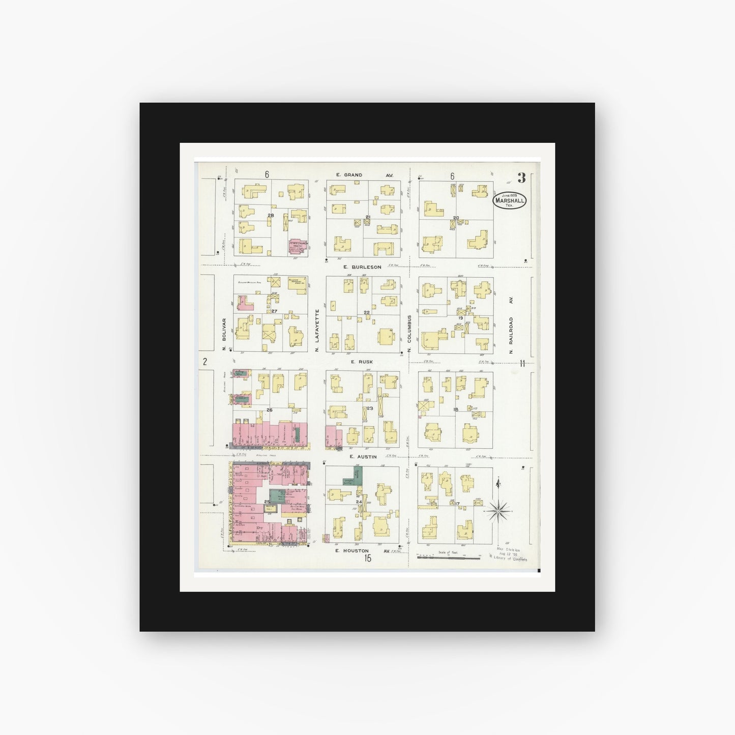 Old map wall art mockup — black gallery frame with white mat — Sanborn Fire Insurance Map from Marshall, Harrison County, Texas (1909), Sheet #0003