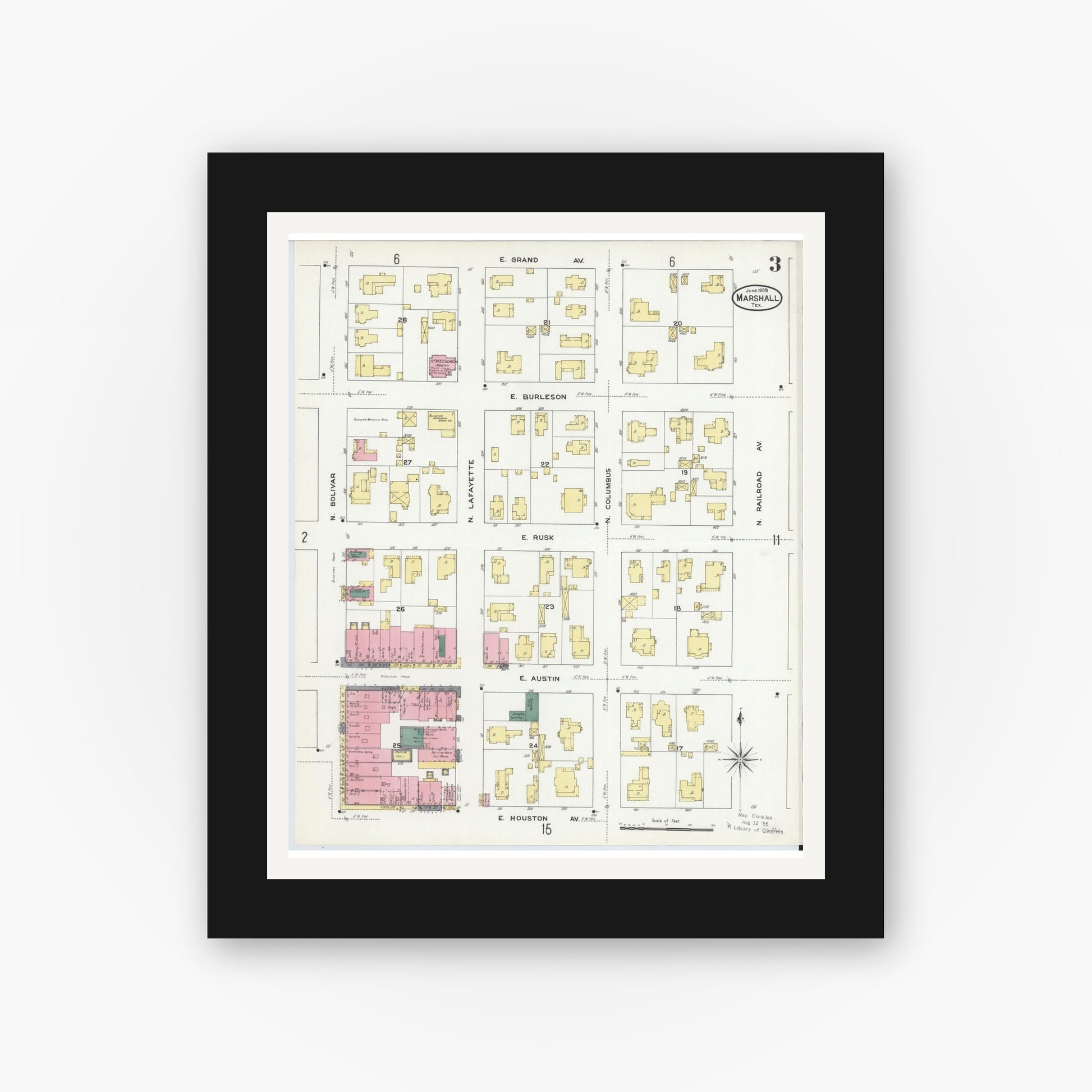 Old map wall art mockup — black gallery frame with white mat — Sanborn Fire Insurance Map from Marshall, Harrison County, Texas (1909), Sheet #0003