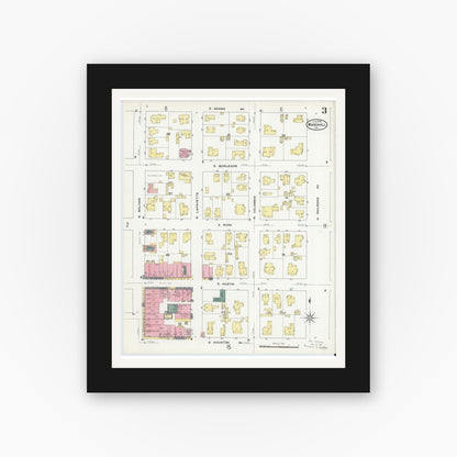 Old map wall art mockup — black gallery frame with white mat — Sanborn Fire Insurance Map from Marshall, Harrison County, Texas (1909), Sheet #0003