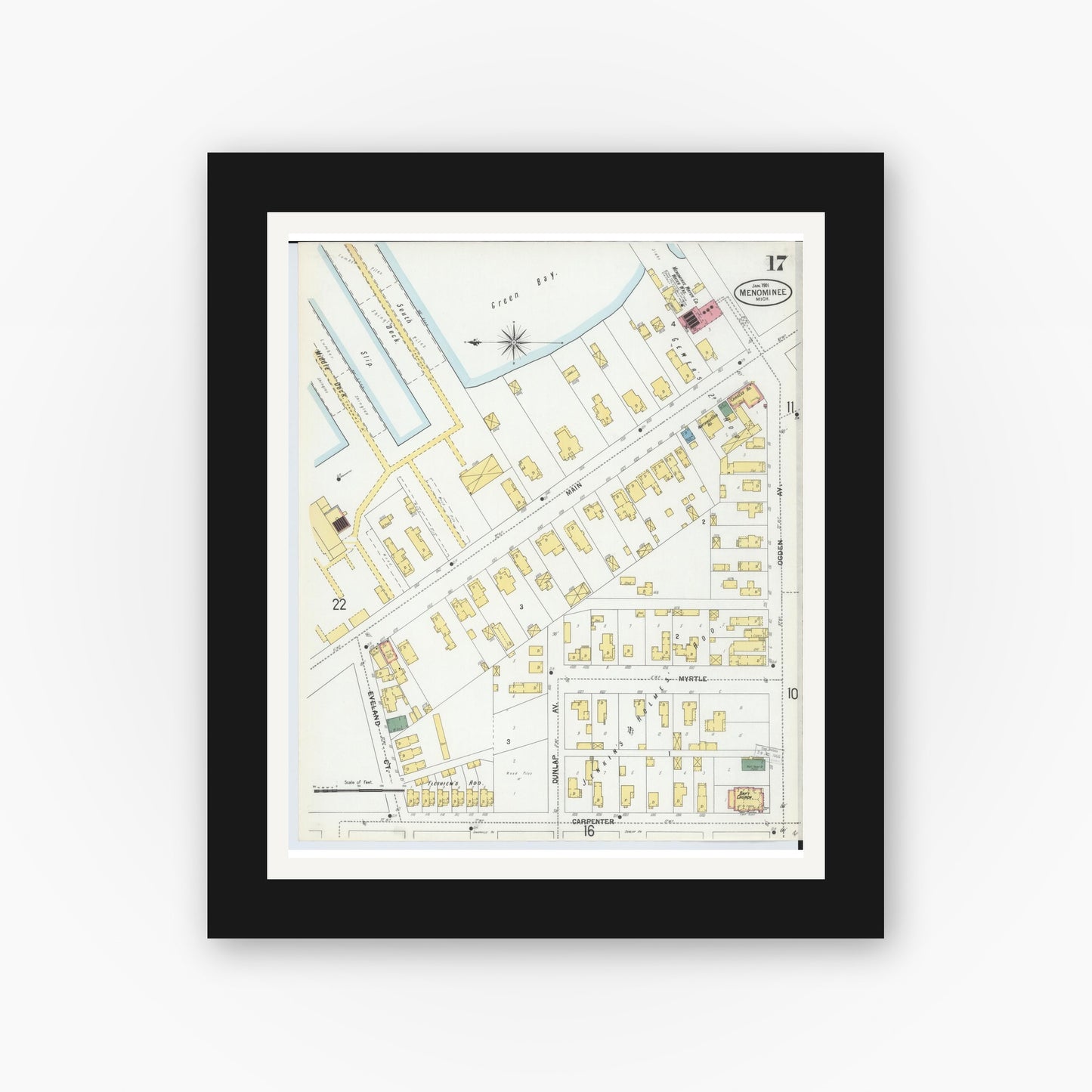 Old map wall art mockup — black gallery frame with white mat — Sanborn Fire Insurance Map from Menominee, Menominee County, Michigan (1901), Sheet #0017