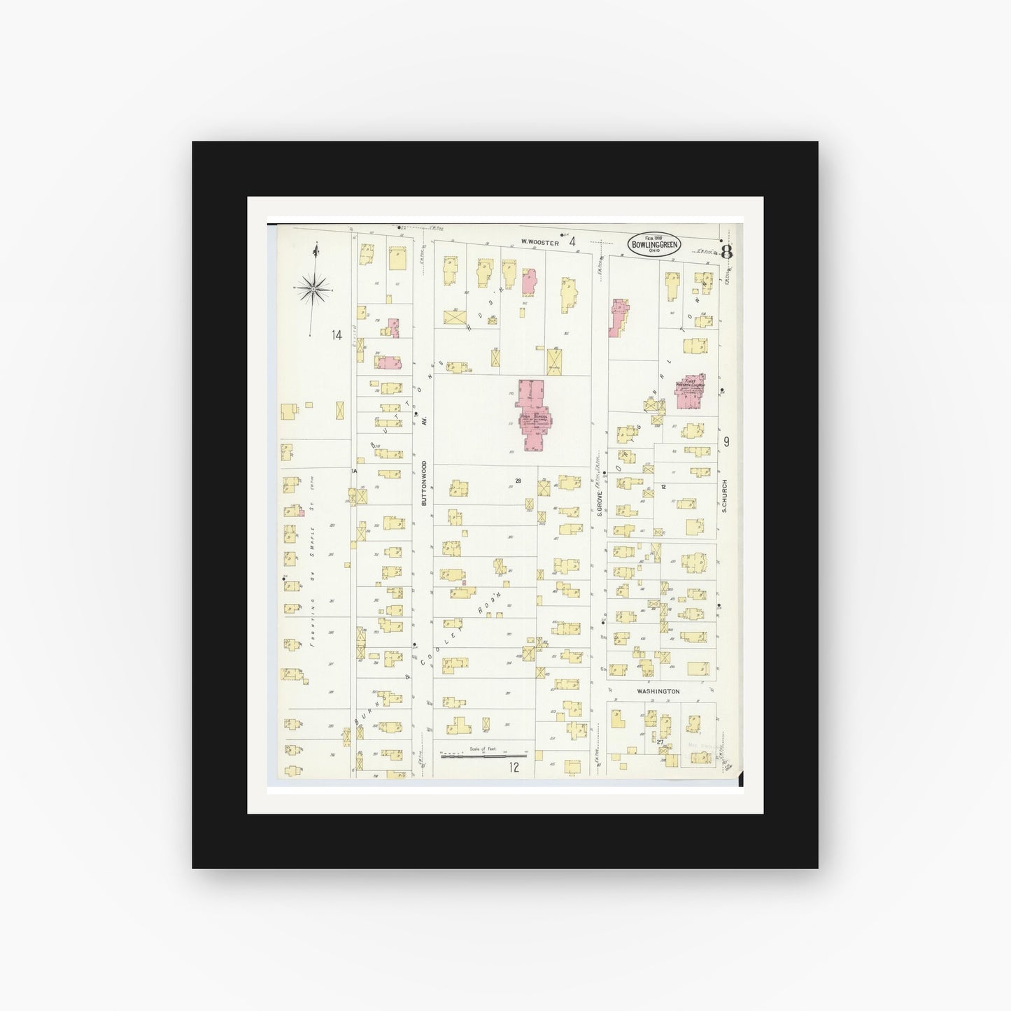 Old map wall art mockup — black gallery frame with white mat — Sanborn Fire Insurance Map from Bowling Green, Wood County, Ohio (1908), Sheet #0008