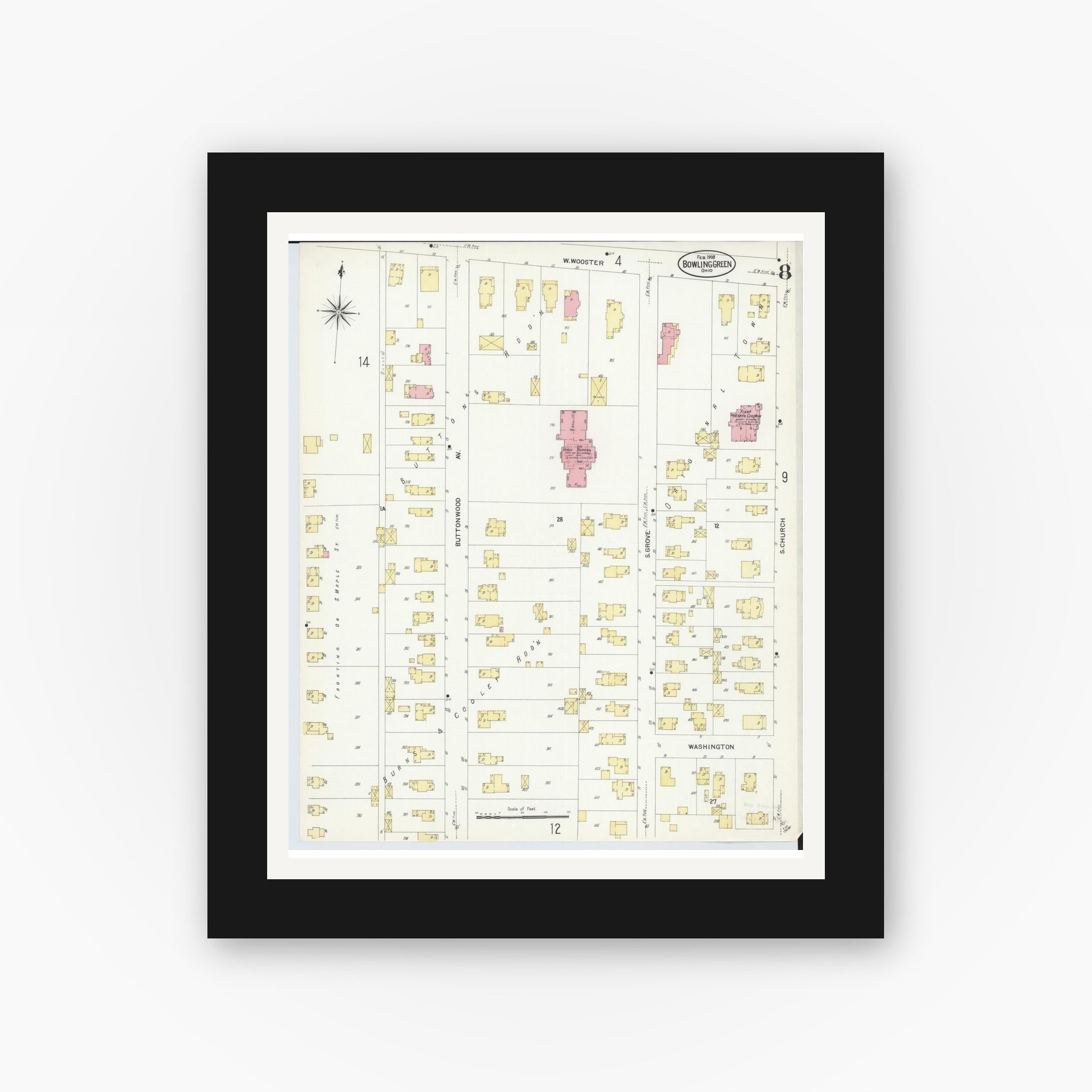 Old map wall art mockup — black gallery frame with white mat — Sanborn Fire Insurance Map from Bowling Green, Wood County, Ohio (1908), Sheet #0008