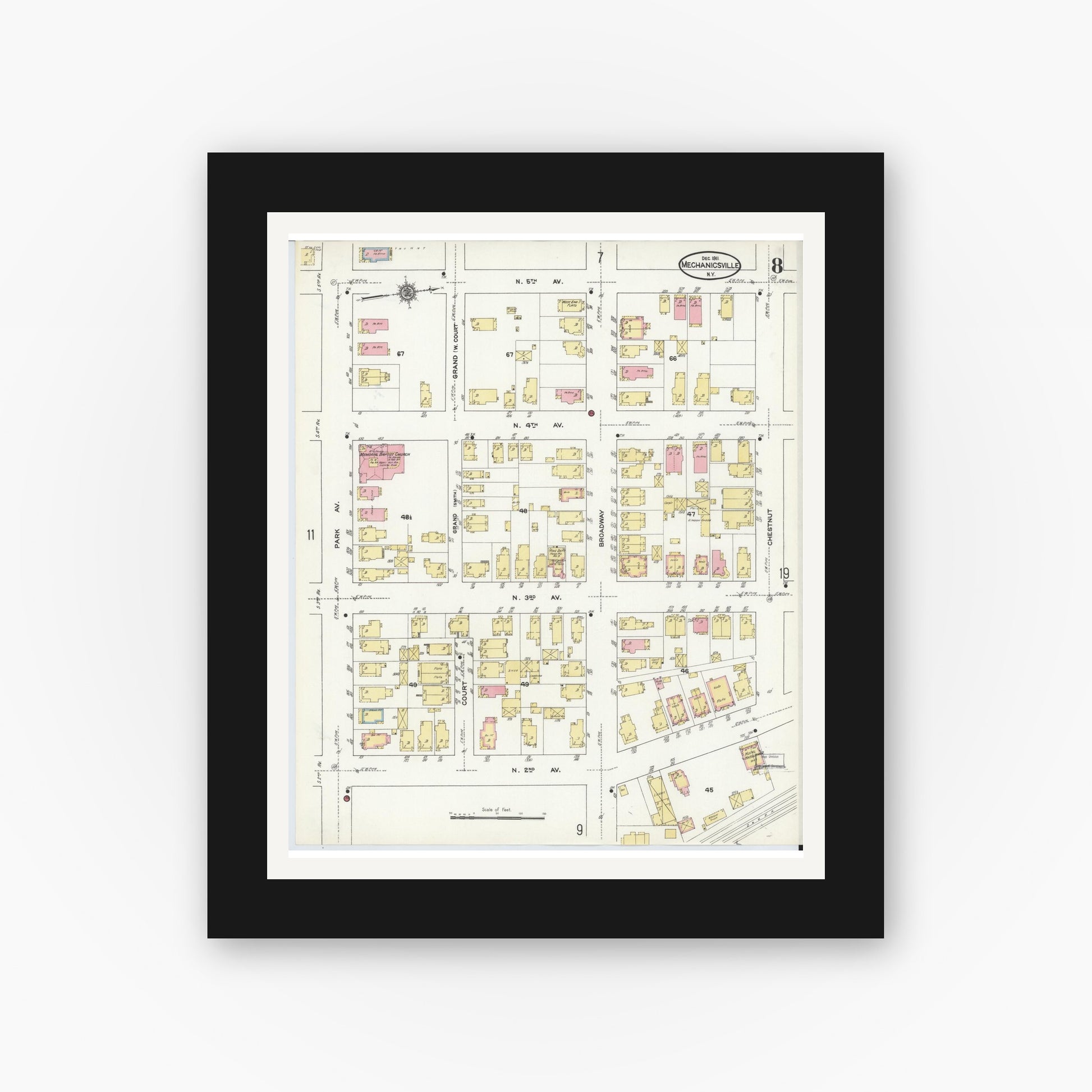 Old map wall art mockup — black gallery frame with white mat — Sanborn Fire Insurance Map from Mechanicville, Saratoga County, New York (1911), Sheet #0008