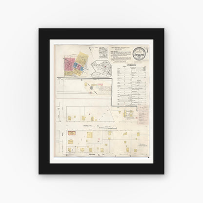 Old map wall art mockup — black gallery frame with white mat — Sanborn Fire Insurance Map from Rogers, Bell County, Texas (1944), Sheet #0001