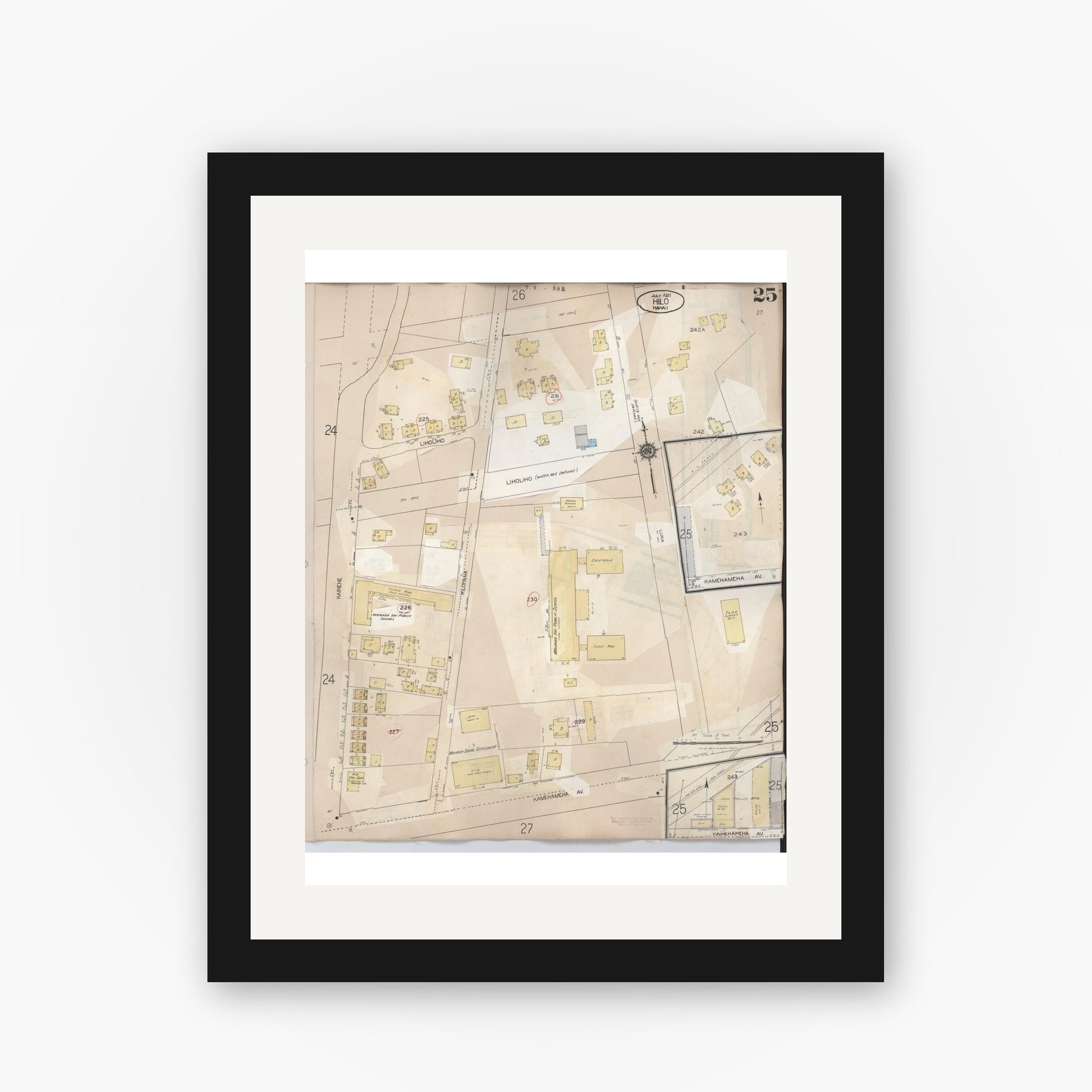 Old map wall art mockup — black gallery frame with white mat — Sanborn Fire Insurance Map from Hilo, Hawaii County, Hawaii (1957), Sheet #0025