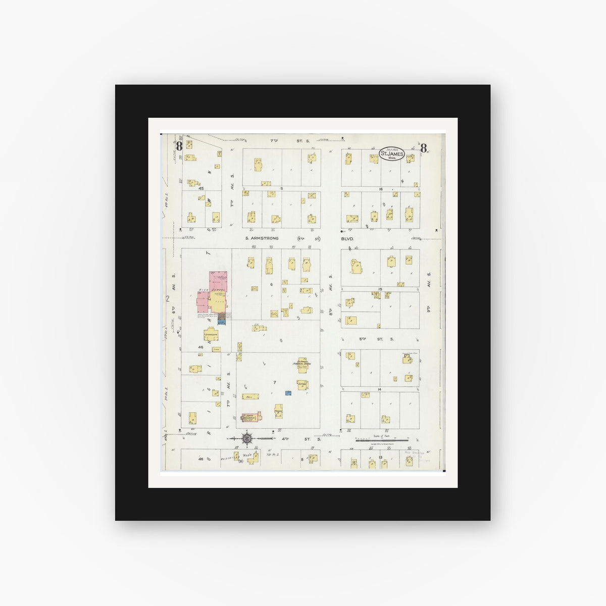 Old map wall art mockup — black gallery frame with white mat — Sanborn Fire Insurance Map from Saint James, Watonwan County, Minnesota (1924), Sheet #0008