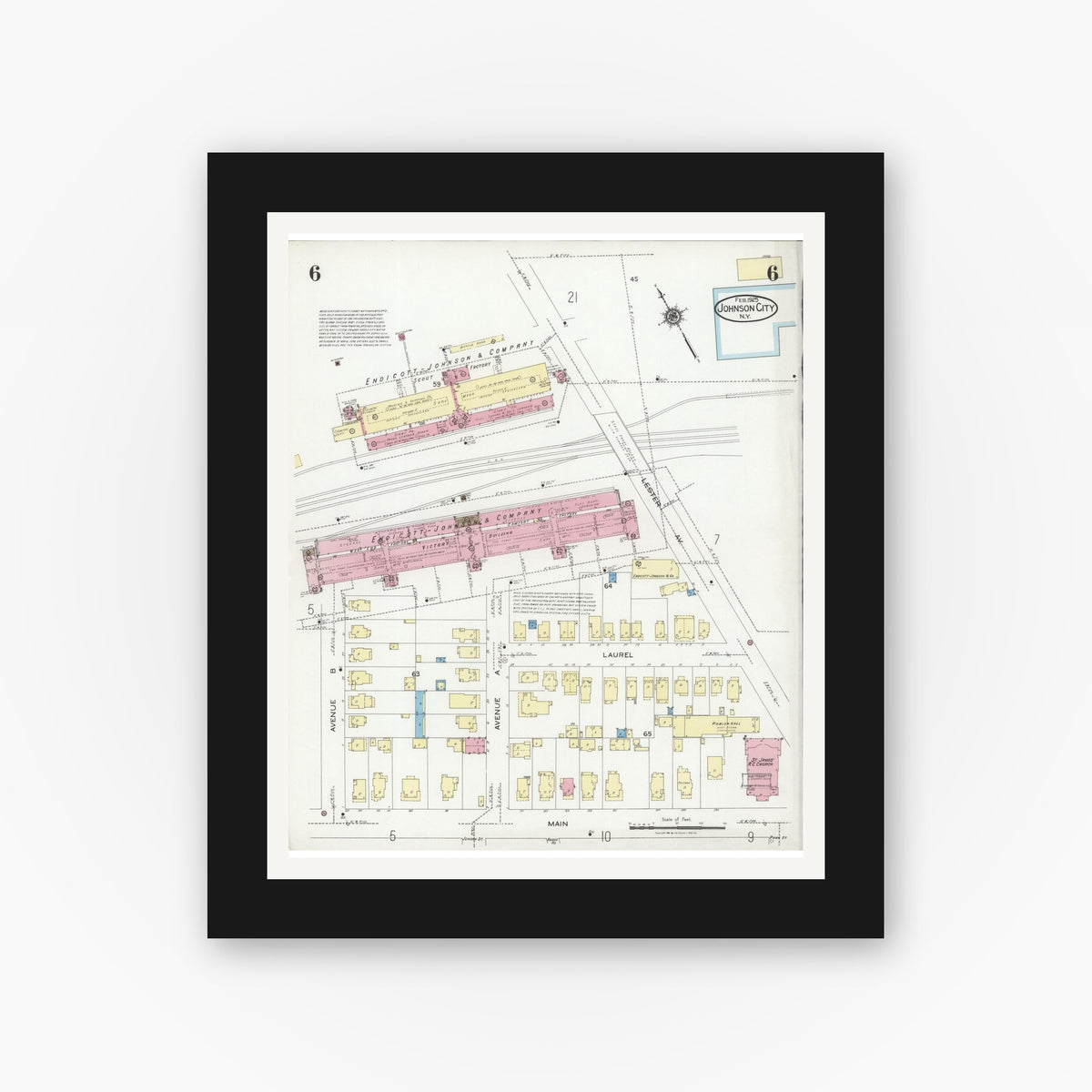 Old map wall art mockup — black gallery frame with white mat — Sanborn Fire Insurance Map from Johnson City, Broome County, New York (1925), Sheet #0006