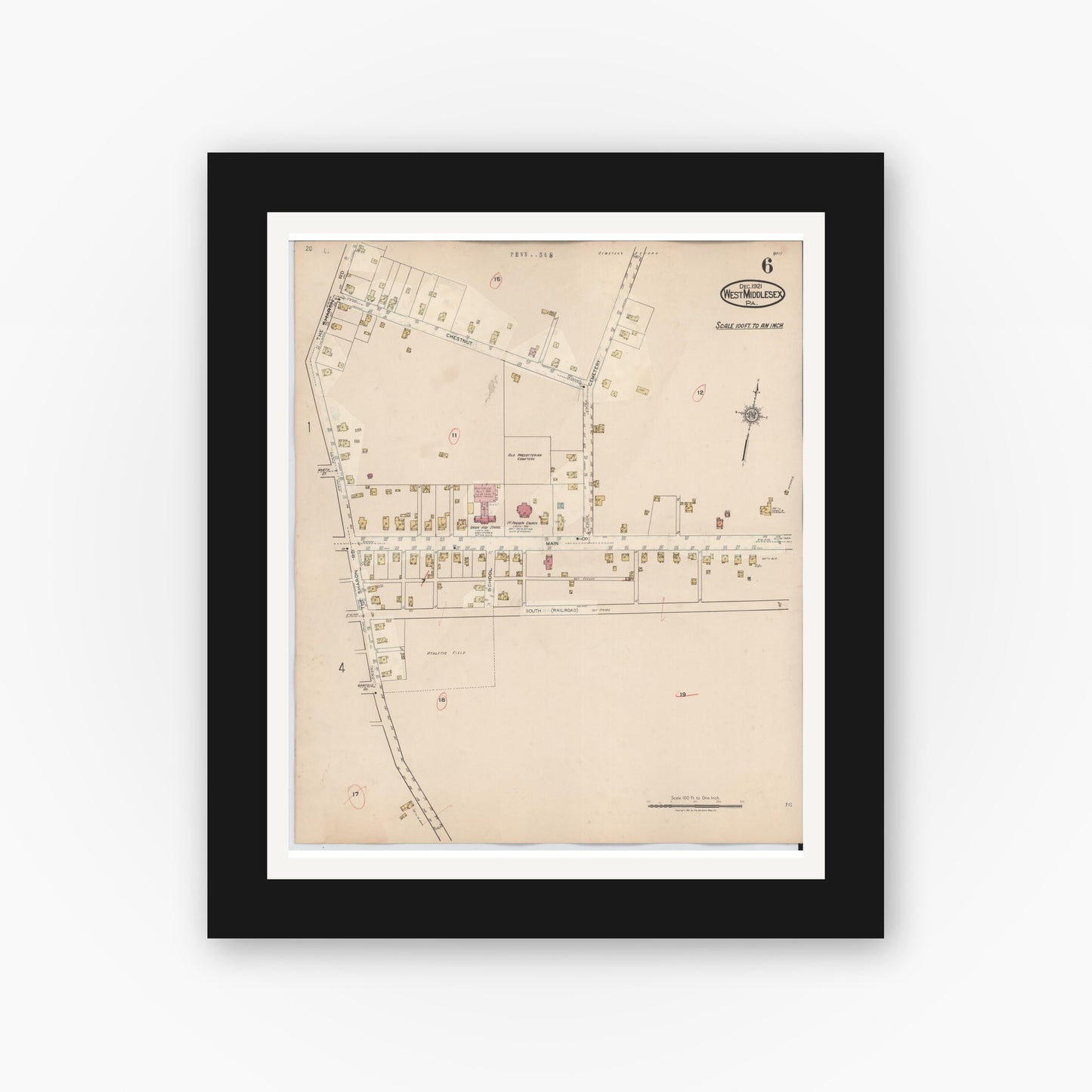 Old map wall art mockup — black gallery frame with white mat — Sanborn Fire Insurance Map from West Middlesex, Mercer County, Pennsylvania (1937), Sheet #0006