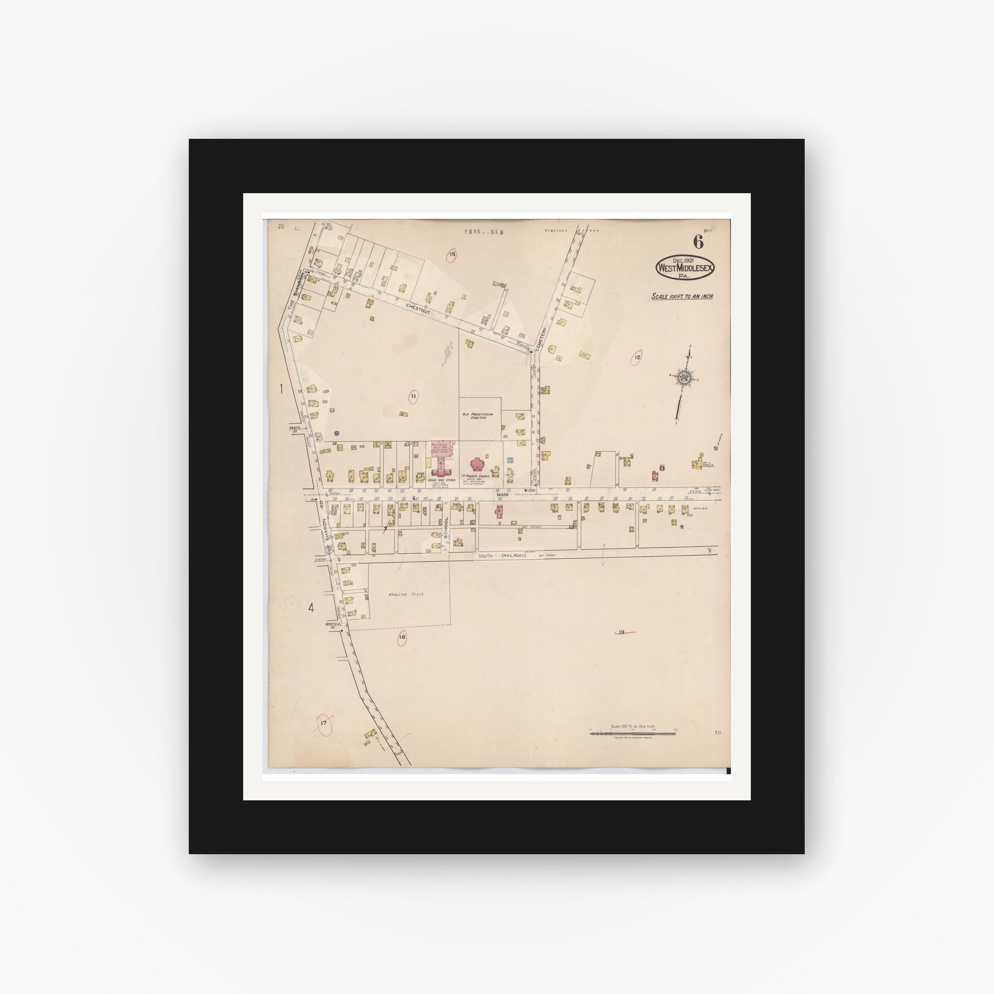 Old map wall art mockup — black gallery frame with white mat — Sanborn Fire Insurance Map from West Middlesex, Mercer County, Pennsylvania (1937), Sheet #0006