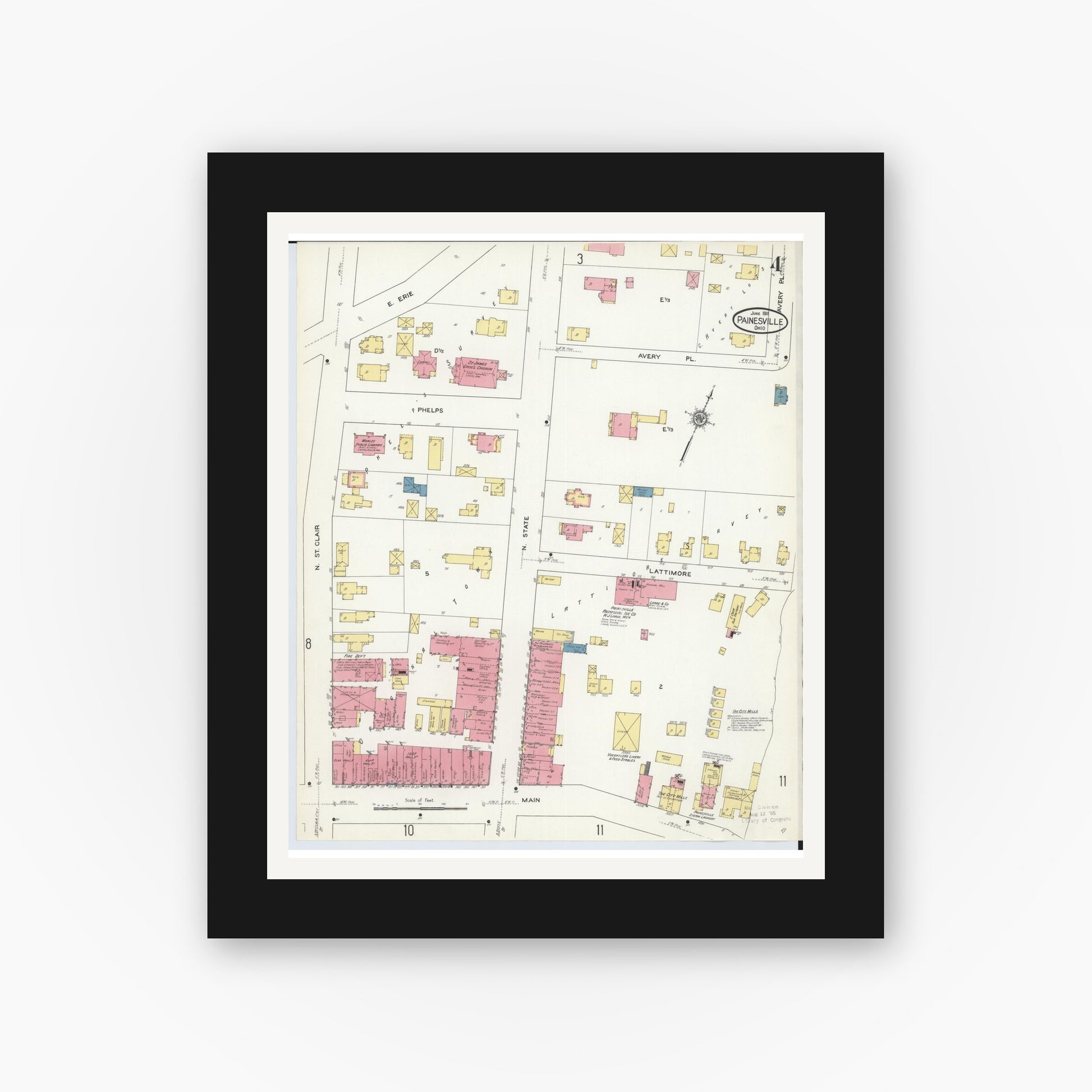 Old map wall art mockup — black gallery frame with white mat — Sanborn Fire Insurance Map from Painesville, Lake County, Ohio (1911), Sheet #0004