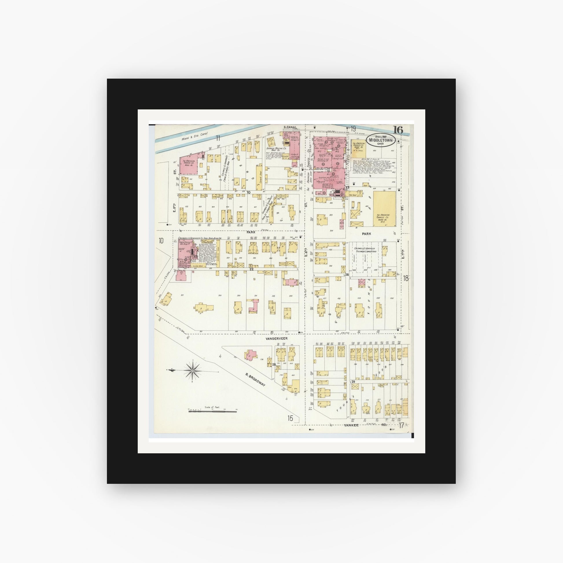Old map wall art mockup — black gallery frame with white mat — Sanborn Fire Insurance Map from Middletown, Butler County, Ohio (1907), Sheet #0016
