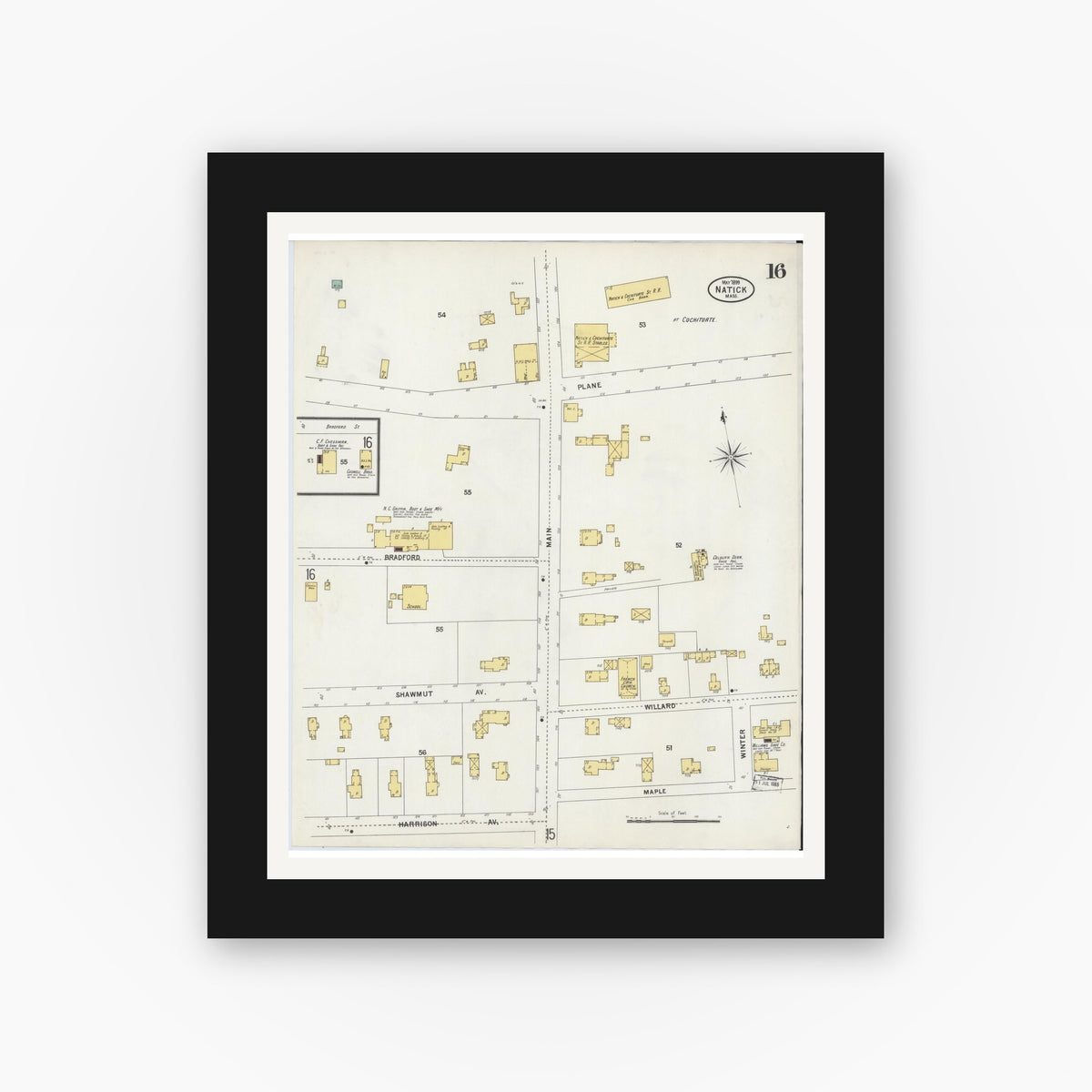 Old map wall art mockup — black gallery frame with white mat — Sanborn Fire Insurance Map from Natick, Middlesex County, Massachusetts (1899), Sheet #0016