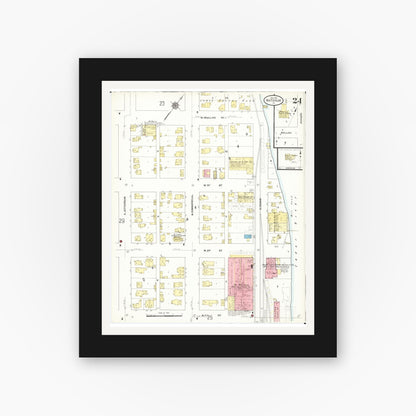 Old map wall art mockup — black gallery frame with white mat — Sanborn Fire Insurance Map from Waterloo, Black Hawk County, Iowa (1910), Sheet #0024