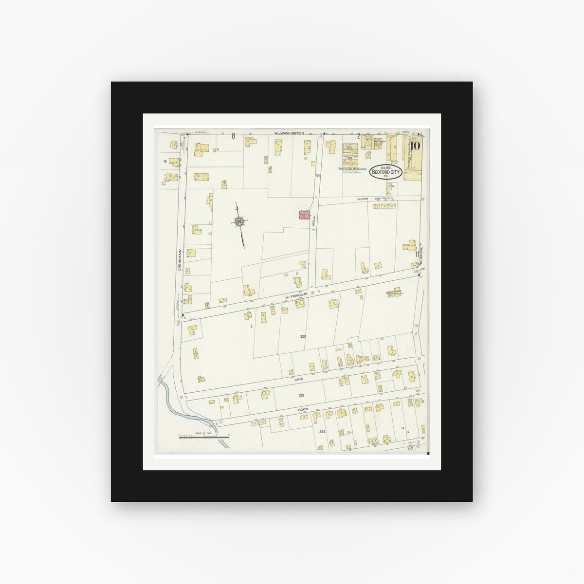 Old map wall art mockup — black gallery frame with white mat — Sanborn Fire Insurance Map from Bedford, Independent Cities, Virginia (1913), Sheet #0010