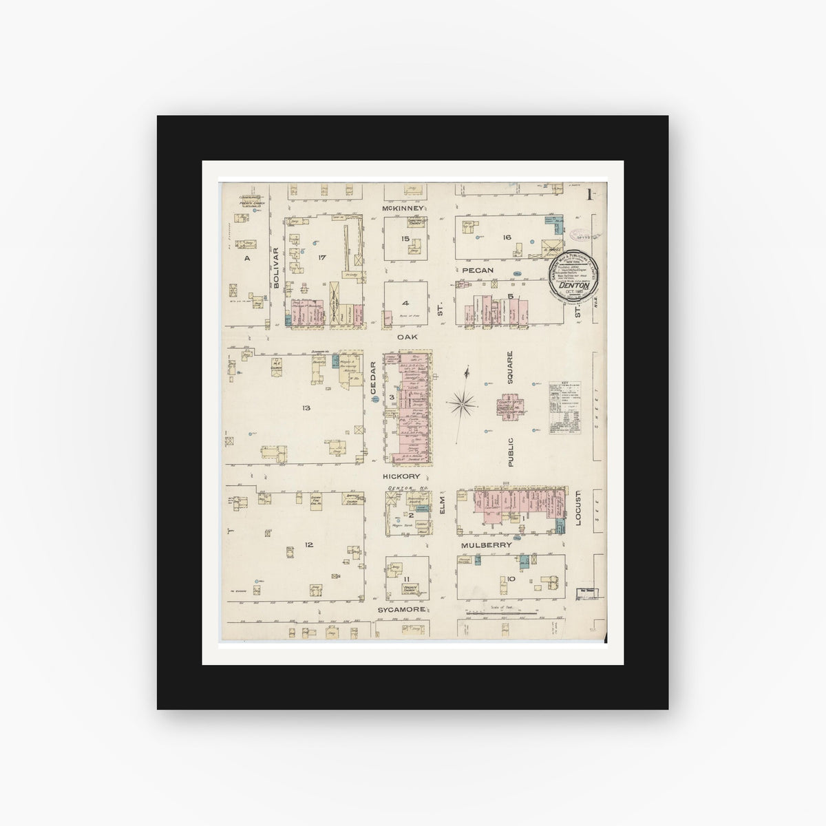 Old map wall art mockup — black gallery frame with white mat — Sanborn Fire Insurance Map from Denton, Denton County, Texas (1885), Sheet #0001