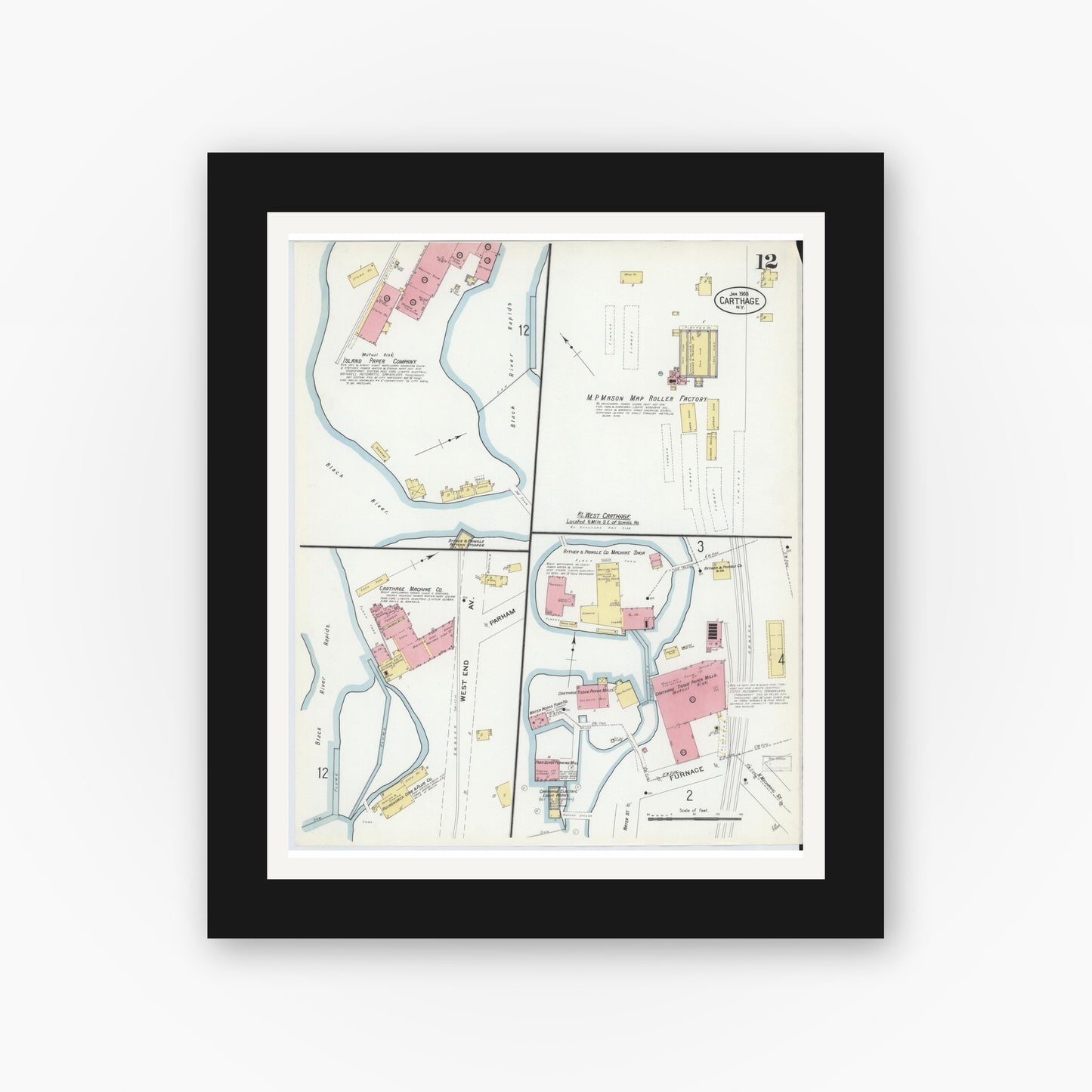 Old map wall art mockup — black gallery frame with white mat — Sanborn Fire Insurance Map from Carthage, Jefferson County, New York (1908), Sheet #0012