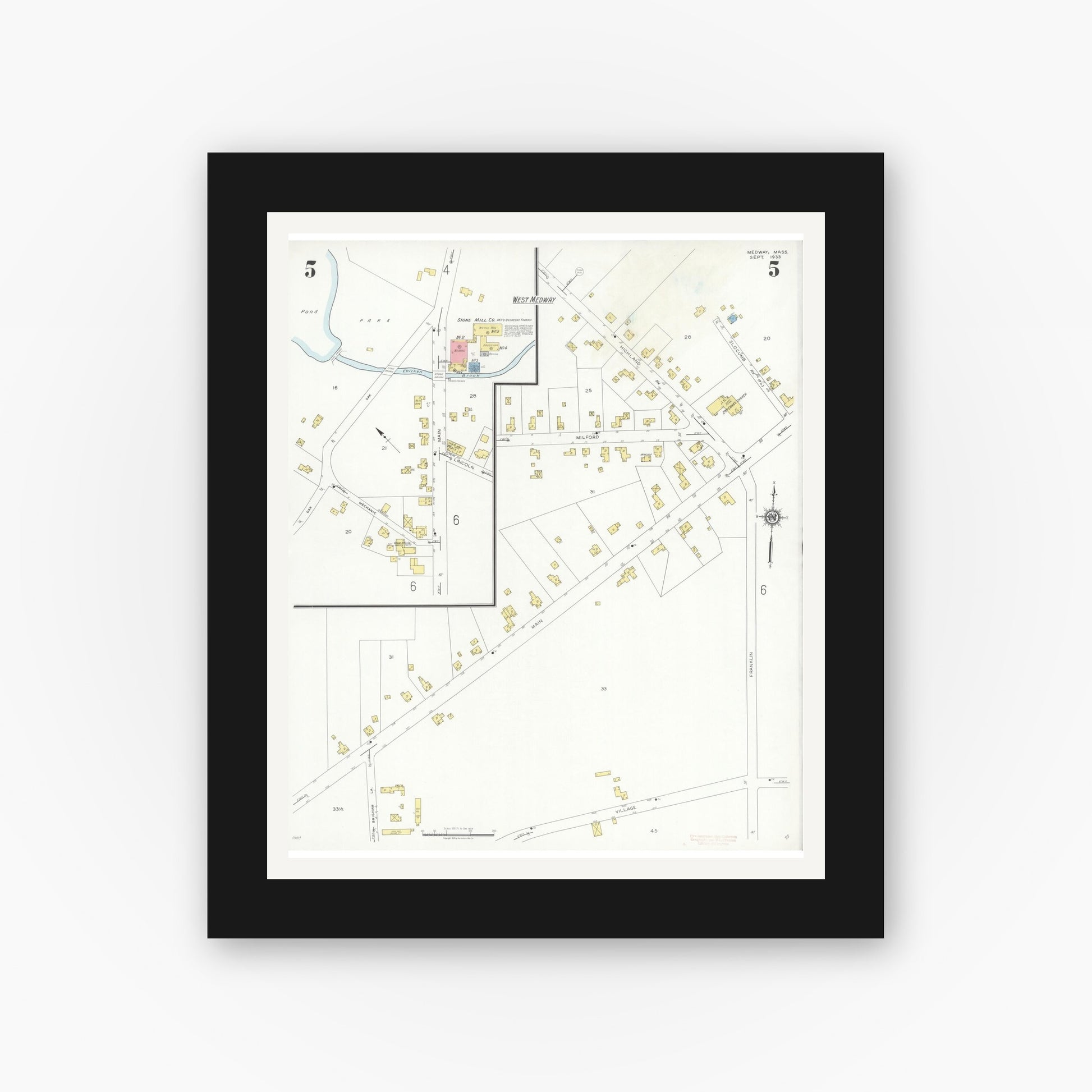 Old map wall art mockup — black gallery frame with white mat — Sanborn Fire Insurance Map from Medway, Norfolk County, Massachusetts (1933), Sheet #0005