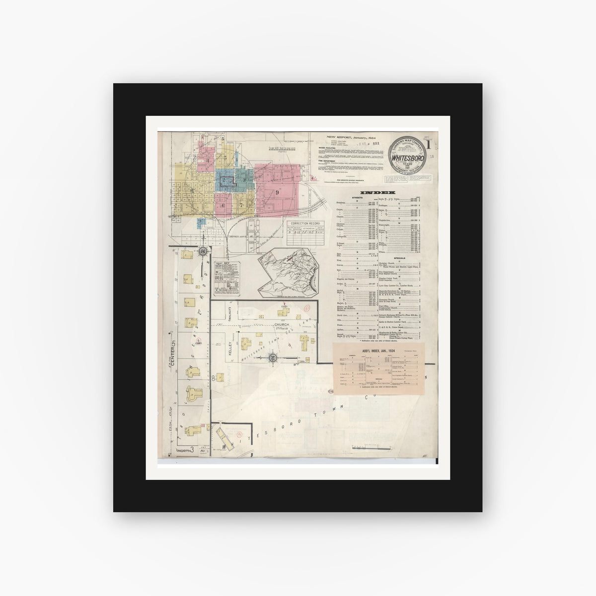 Old map wall art mockup — black gallery frame with white mat — Sanborn Fire Insurance Map from Whitesboro, Grayson County, Texas (1943) - Complete Map Set