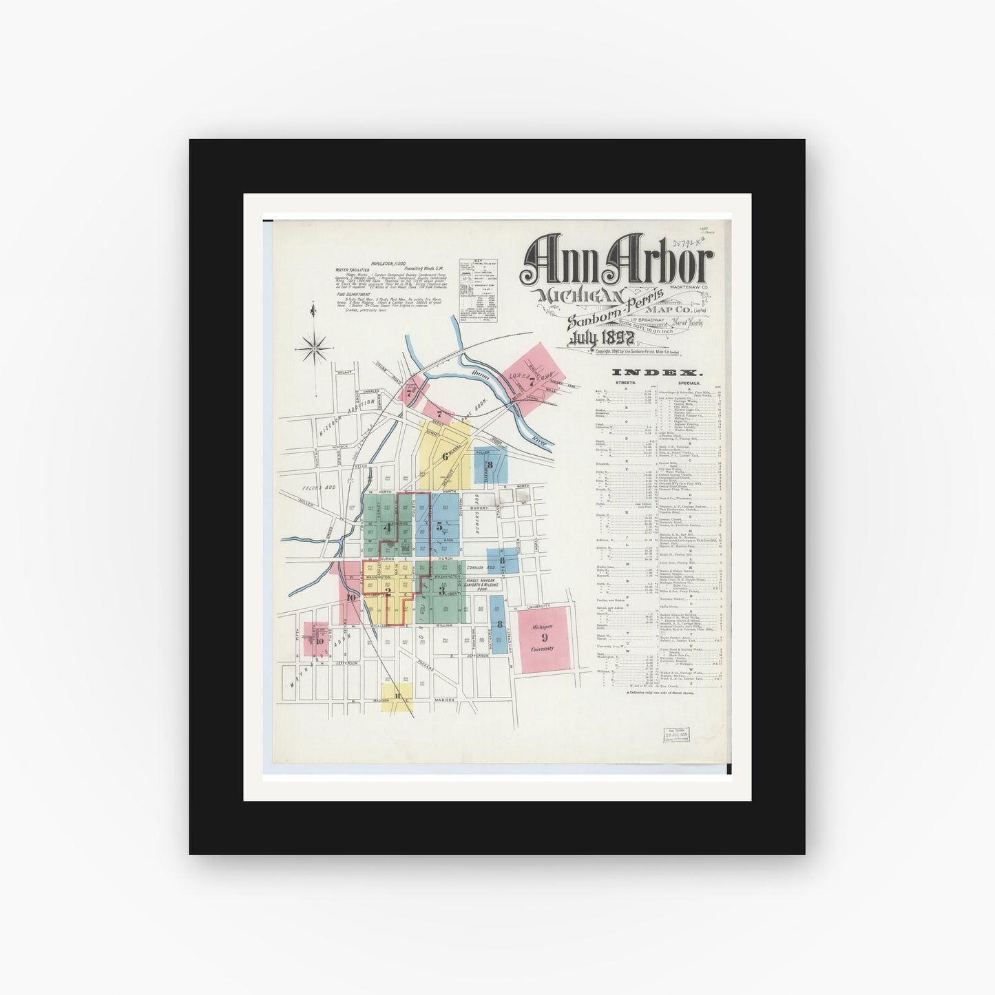 Old map wall art mockup — black gallery frame with white mat — Sanborn Fire Insurance Map from Ann Arbor, Washtenaw County, Michigan (1892), Sheet #0001