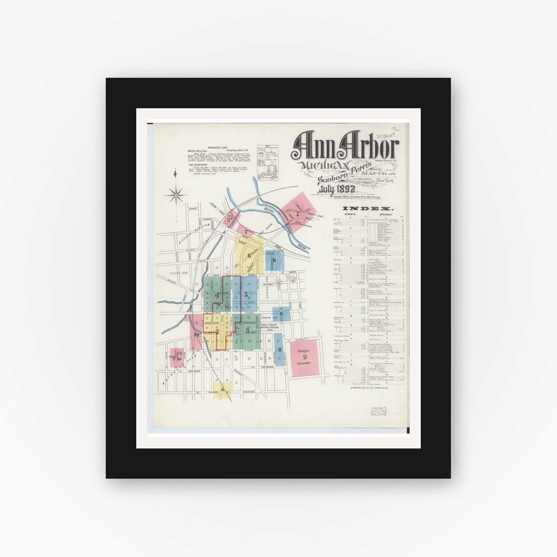 Old map wall art mockup — black gallery frame with white mat — Sanborn Fire Insurance Map from Ann Arbor, Washtenaw County, Michigan (1892), Sheet #0001