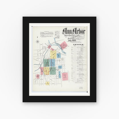 Old map wall art mockup — black gallery frame with white mat — Sanborn Fire Insurance Map from Ann Arbor, Washtenaw County, Michigan (1892), Sheet #0001
