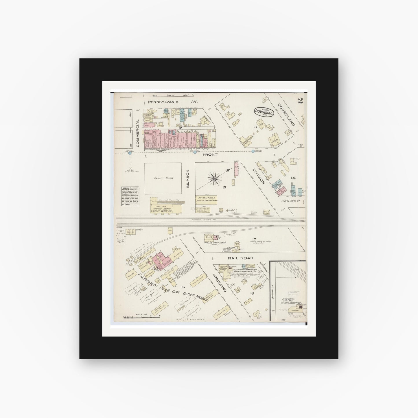 Old map wall art mockup — black gallery frame with white mat — Sanborn Fire Insurance Map from Dowagiac, Cass County, Michigan (1884), Sheet #0002