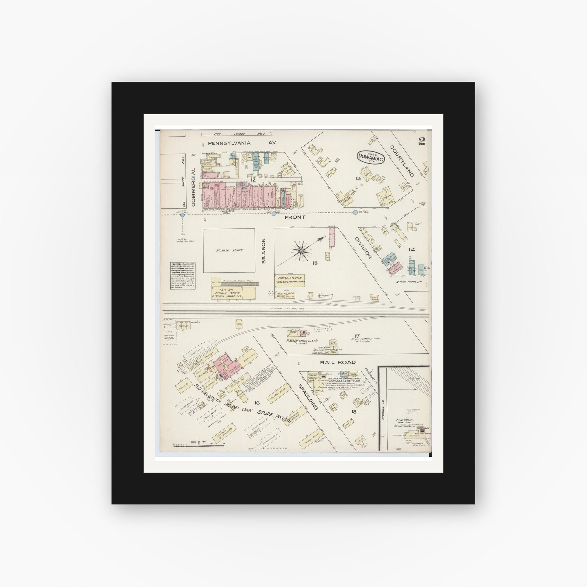 Old map wall art mockup — black gallery frame with white mat — Sanborn Fire Insurance Map from Dowagiac, Cass County, Michigan (1884), Sheet #0002