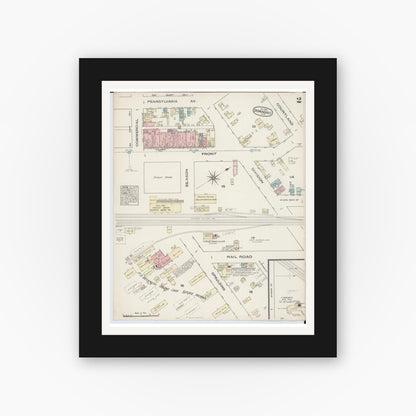 Old map wall art mockup — black gallery frame with white mat — Sanborn Fire Insurance Map from Dowagiac, Cass County, Michigan (1884), Sheet #0002
