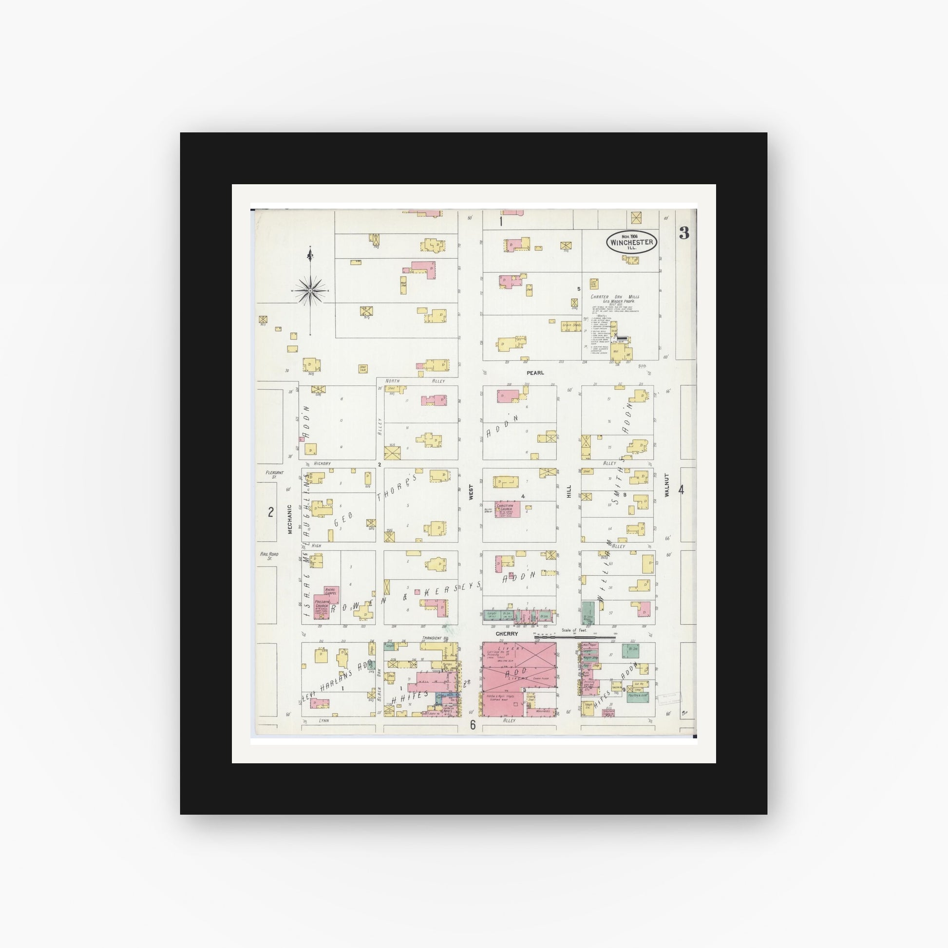 Old map wall art mockup — black gallery frame with white mat — Sanborn Fire Insurance Map from Winchester, Scott County, Illinois (1906), Sheet #0003