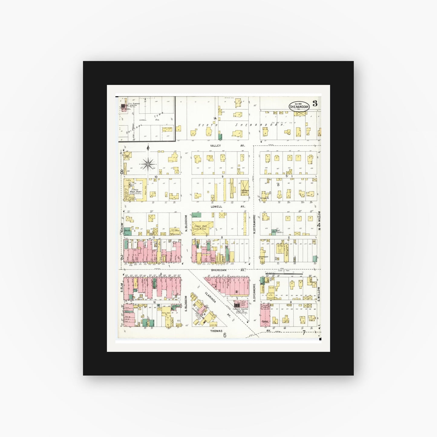 Old map wall art mockup — black gallery frame with white mat — Sanborn Fire Insurance Map from Shenandoah, Page County, Iowa (1901), Sheet #0003