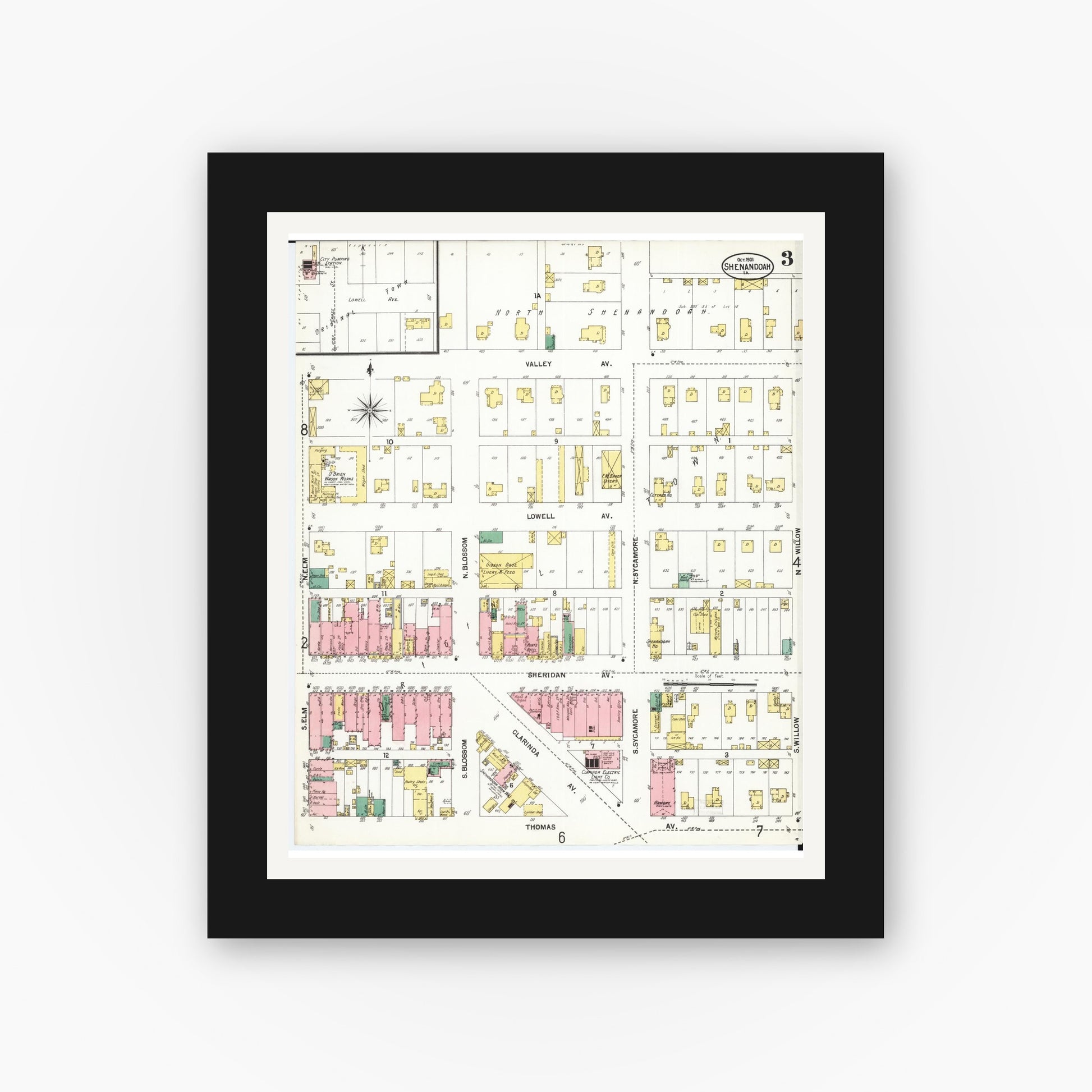 Old map wall art mockup — black gallery frame with white mat — Sanborn Fire Insurance Map from Shenandoah, Page County, Iowa (1901), Sheet #0003