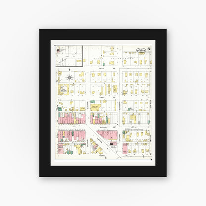 Old map wall art mockup — black gallery frame with white mat — Sanborn Fire Insurance Map from Shenandoah, Page County, Iowa (1901), Sheet #0003