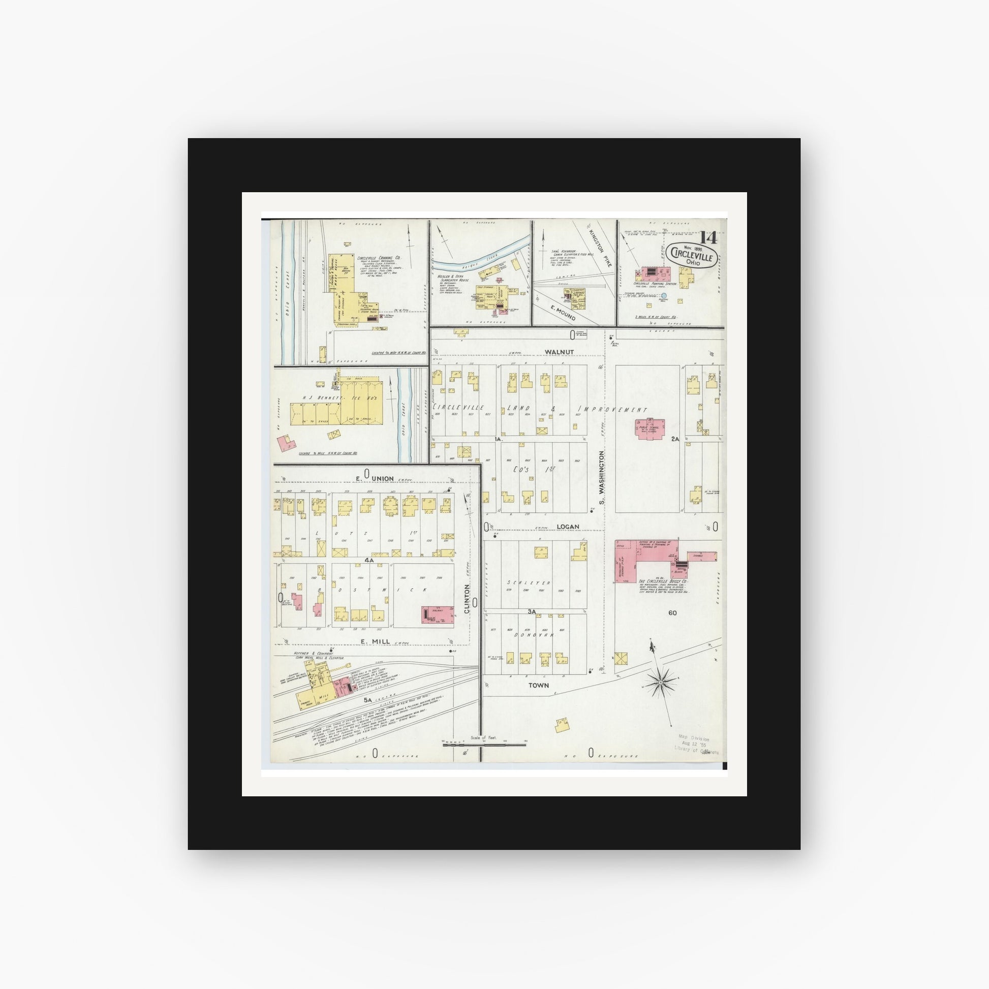 Old map wall art mockup — black gallery frame with white mat — Sanborn Fire Insurance Map from Circleville, Pickaway County, Ohio (1899), Sheet #0014