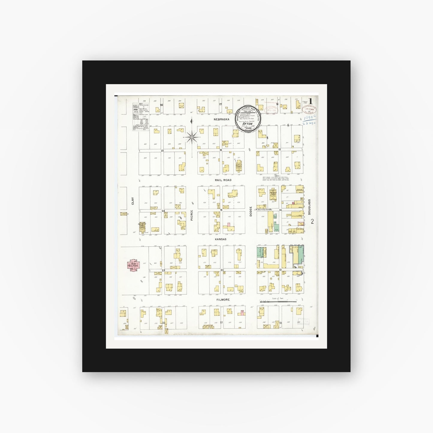 Old map wall art mockup — black gallery frame with white mat — Sanborn Fire Insurance Map from Afton, Union County, Iowa (1899) â€” Complete Set