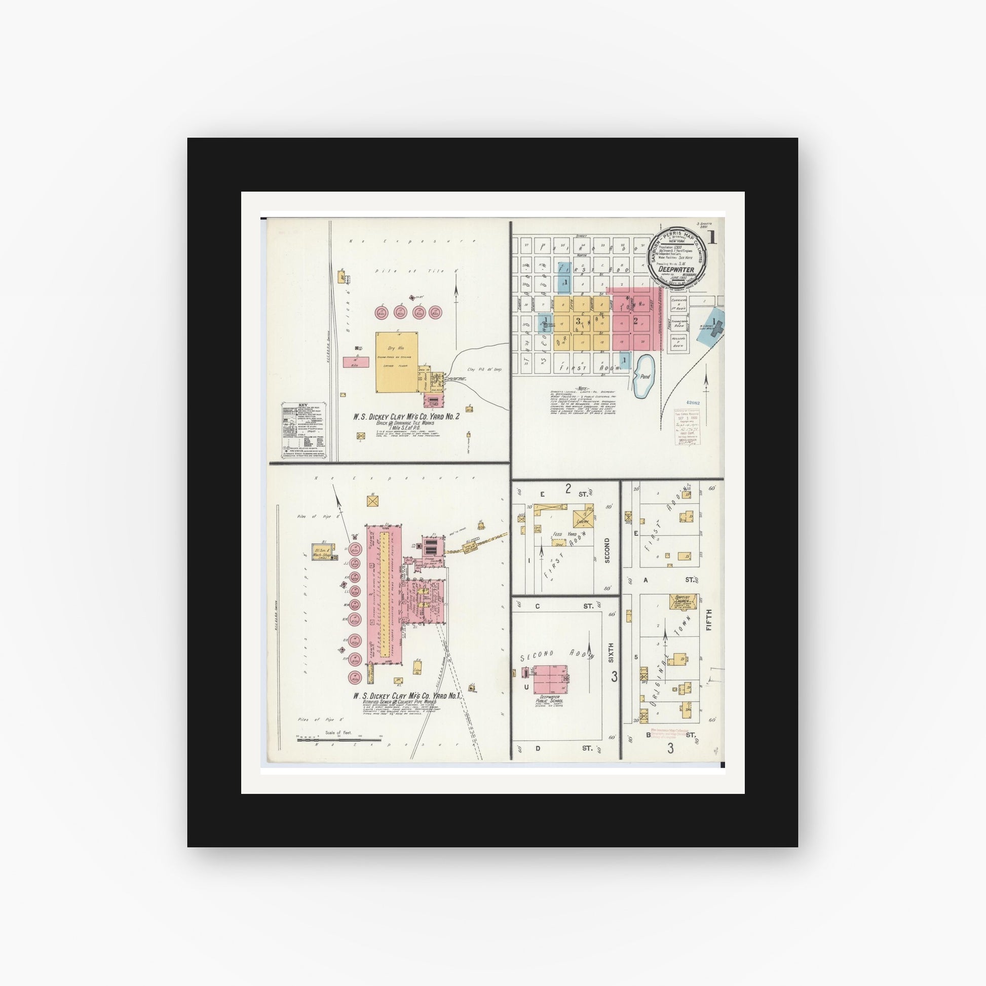 Old map wall art mockup — black gallery frame with white mat — Sanborn Fire Insurance Map from Deepwater, Henry County, Missouri (1900) - Complete Map Set